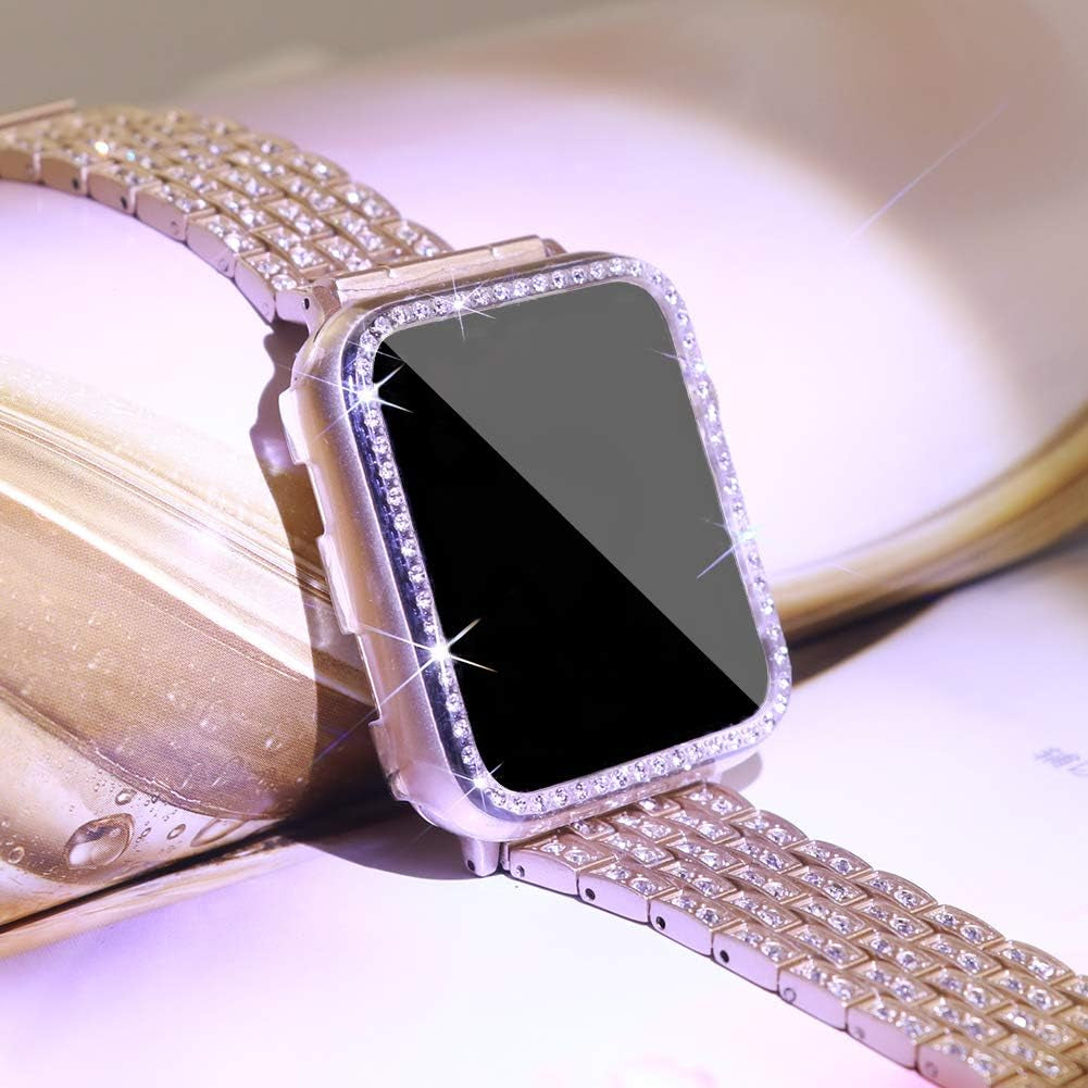 Compatible with Apple Watch Band 38Mm 40Mm 41Mm 42Mm 44Mm 45Mm 49Mm+ Case, Women Jewelry Bling Diamond Rhinestone Replacement Metal Strap& 2 Pack PC Protector Case for Iwatch Ultra 2/ Ultra Series 9/8/7/6/5/4/3/2/1/SE