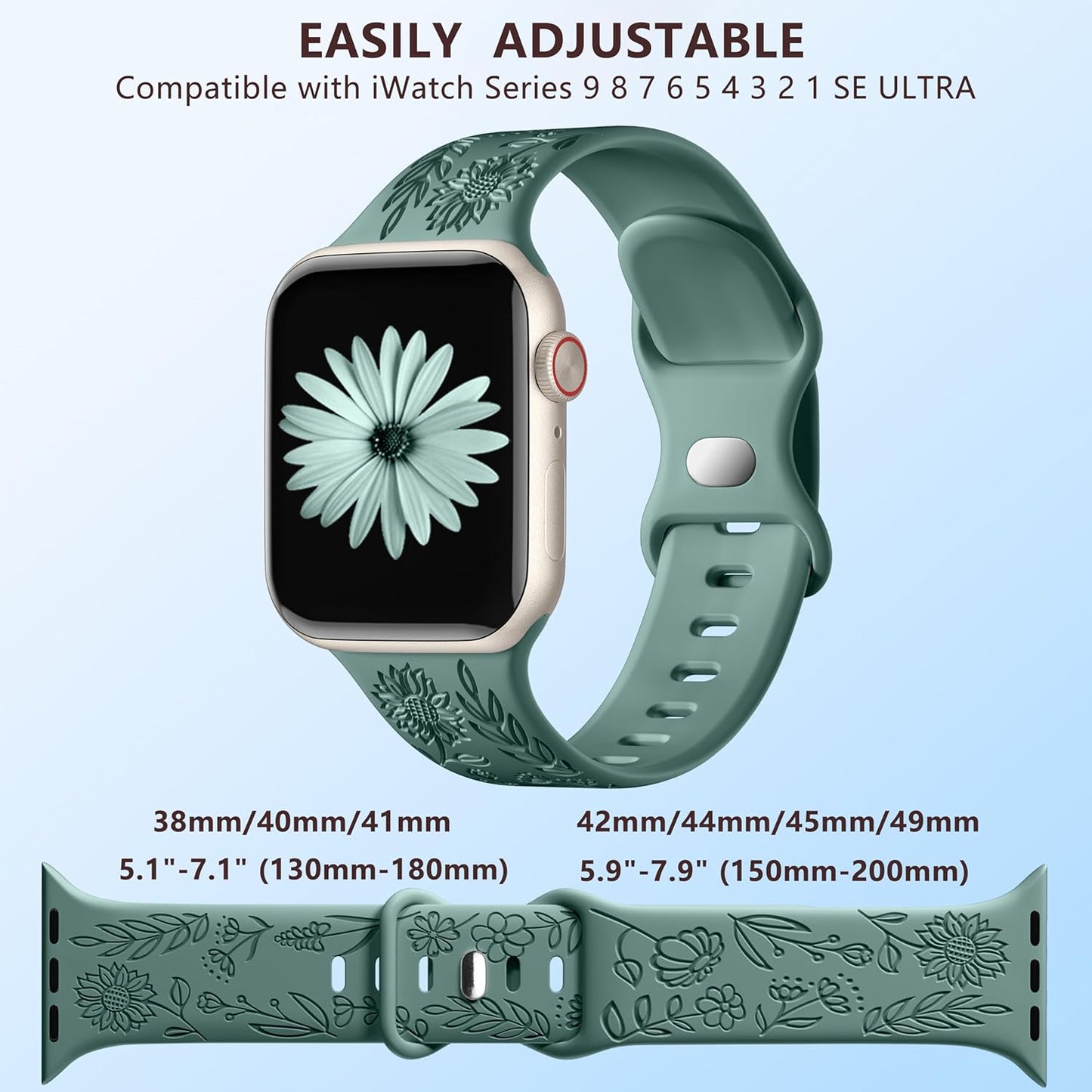 6 Pack Floral Engraved Bands Compatible with Apple Watch Band 44Mm 40Mm 38Mm 41Mm 45Mm 49Mm 42Mm Women, Soft Silicone Cute Flower Pattern Sport Strap for Iwatch Bands Series Ultra Ultra 2 SE 9 8 7 6 5 4 3 2 1