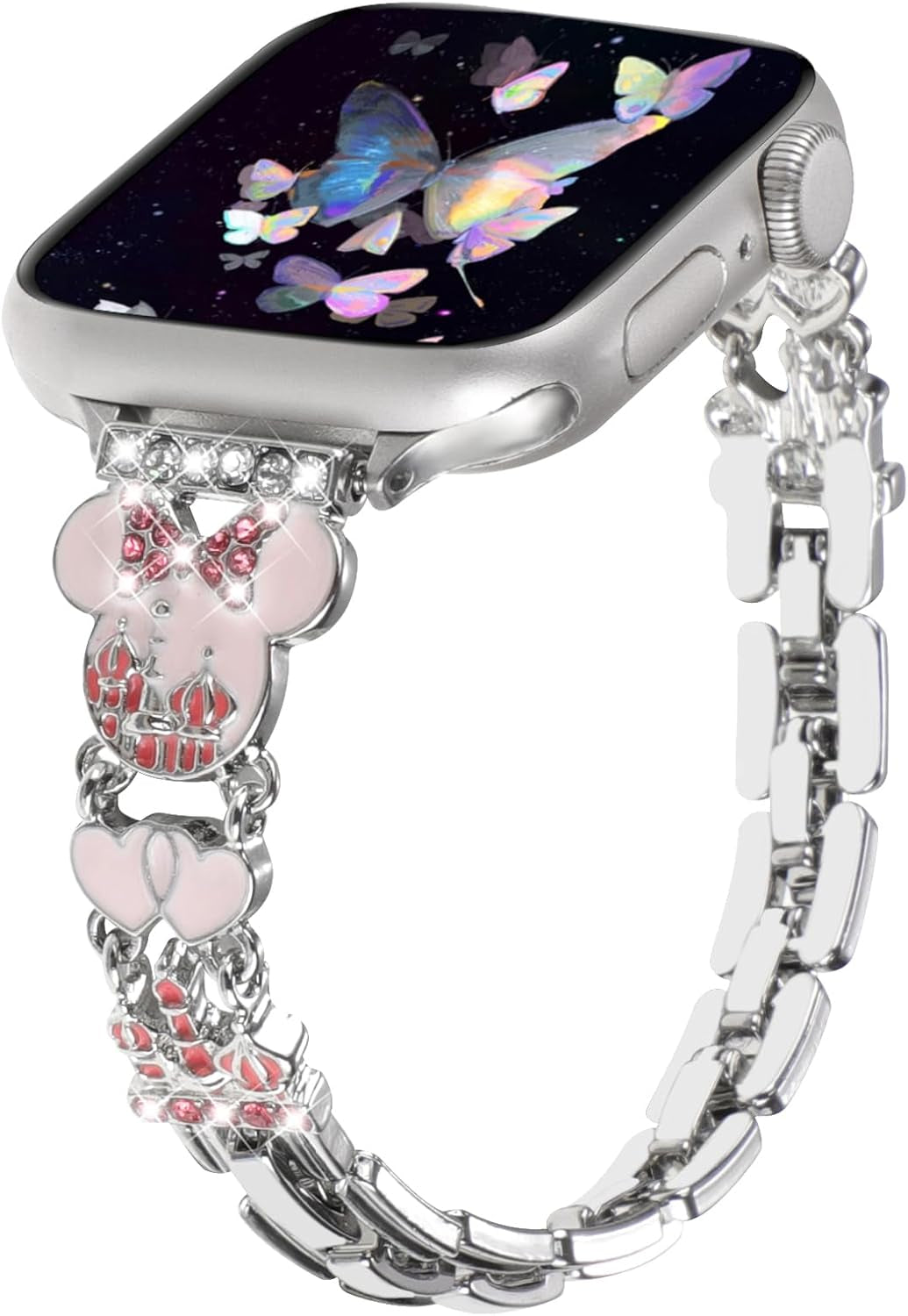 Bling Bracelet Band Compatible with Apple Watch Bands for Women 46Mm 40Mm 41Mm 38Mm 44Mm 45Mm 42Mm 49Mm, Cute Cartoon Dressy Jewelry Charm Metal Strap for Iwatch Ultra 2 Series 10/9/8/7/6/5/4/3/2/1/SE