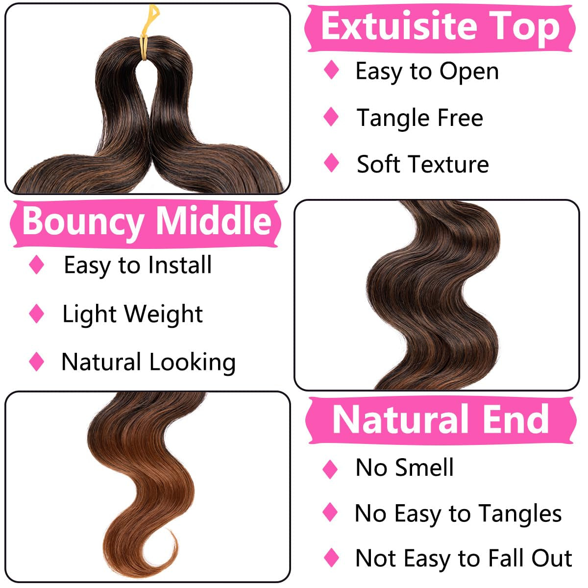 3 Packs Body Wave Braiding Hair 24 Inch Ombre Pre-Feathered Bouncy French Curl Wavy Braiding Hair Wavy Texture Braiding Ocean Deap Twist Crochet Hair Synthetic Hair Extensions(T30#)