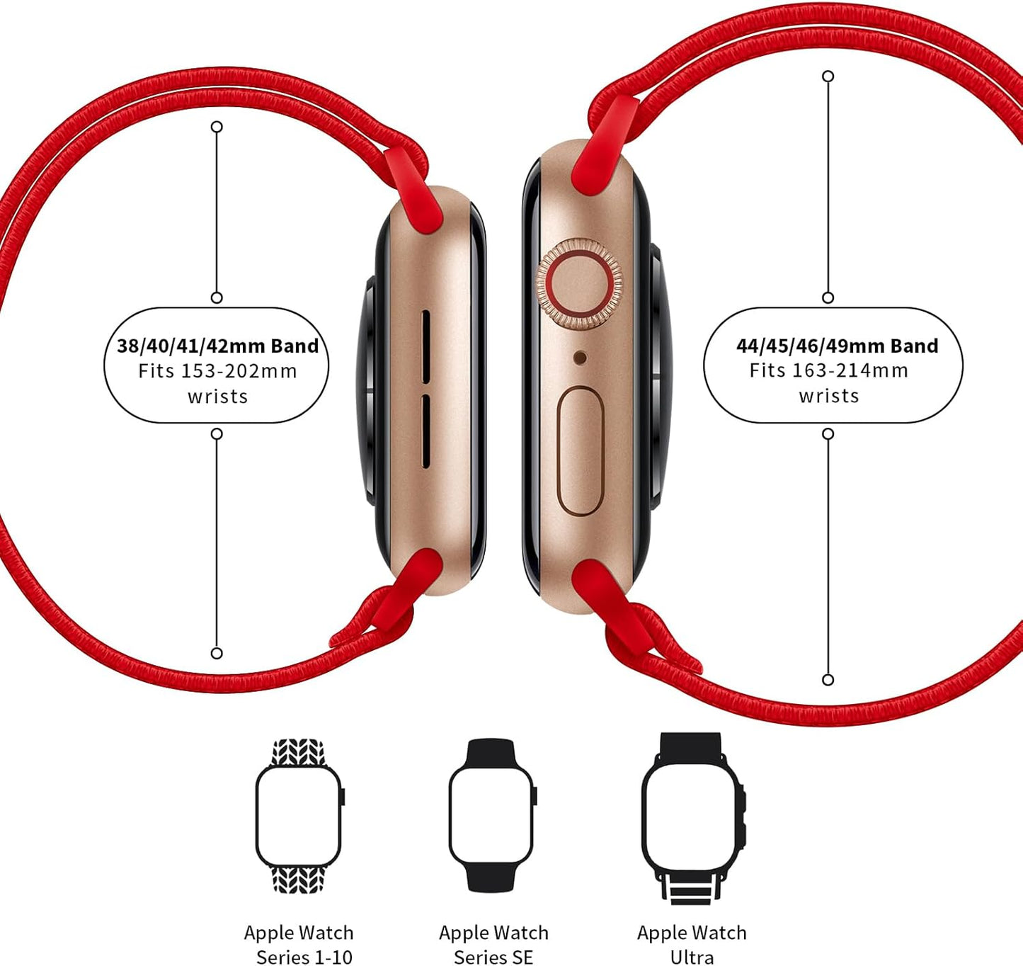 Stretchy Nylon Watch Bands Compatible with Apple Watch Series 10/9/8/7/6/5/4 Ultra 2/1 SE, Adjustable Braided Elastic Sport Loop Rugged Straps for Iwatch Women Men (Bright Red, 44/45/46/49MM)