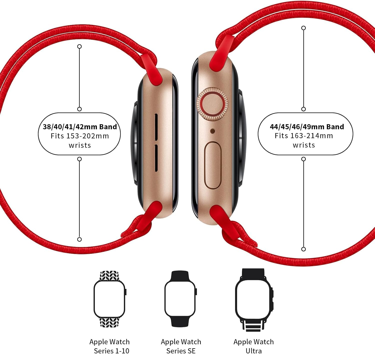 Stretchy Nylon Watch Bands Compatible with Apple Watch Series 10/9/8/7/6/5/4 Ultra 2/1 SE, Adjustable Braided Elastic Sport Loop Rugged Straps for Iwatch Women Men (Bright Red, 44/45/46/49MM)