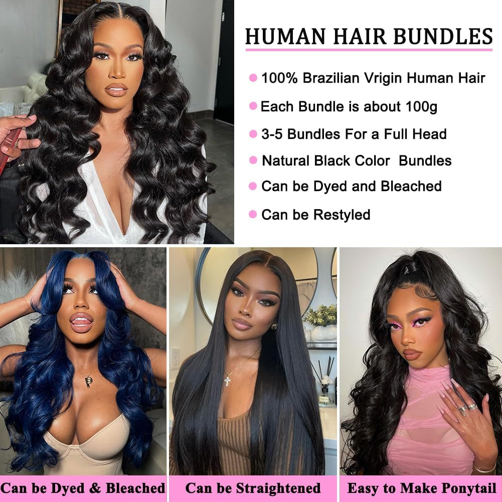 Human Hair Bundles 14 16 18 Inch 3 Bundles Body Wave Bundles Human Hair 12A 100% Unprocessed Brazilian Virgin Human Hair Body Wave Human Hair Bundles Natural Color Human Hair Extensions