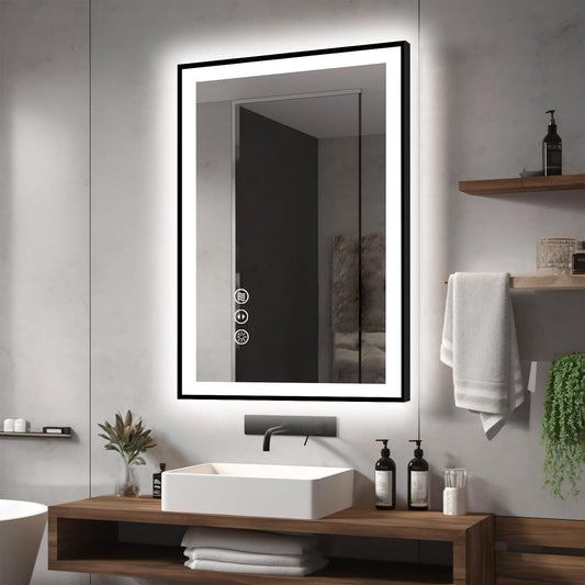 24X36 LED Bathroom Mirrors for Wall -Black Aluminum Framed (Front and Backlit), Anti-Fog Vanity Mirror with Lights,Stepless Dimmable Lighted Mirror,3 Colors Smart Mirror(Horizontal/Vertical)