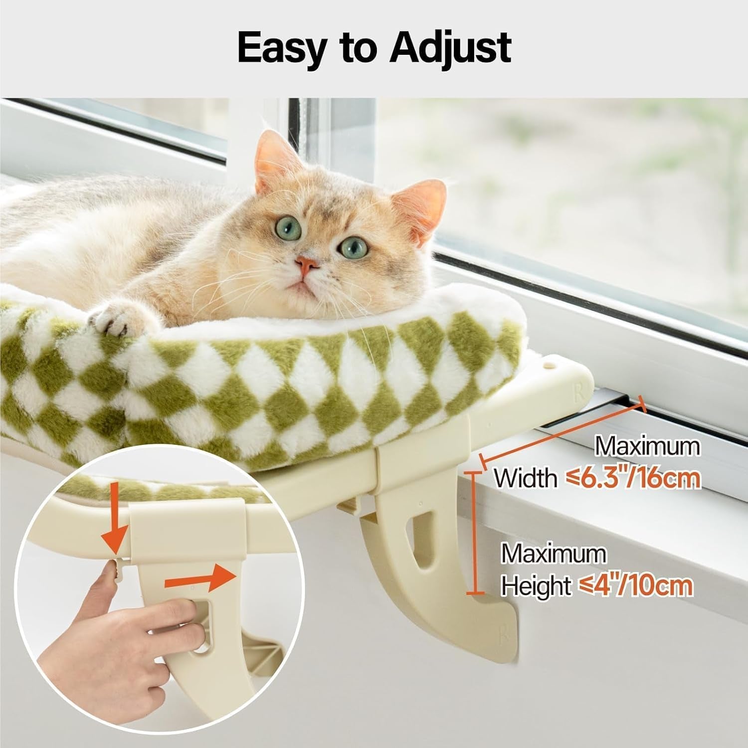 Cat Window Sill Perch for Indoor Cats, One-Step Sliding Clamping Slot Adjustment Cat Window Hammock with Removable Covers, Cat Bed for Windowsill & Bedside (Green, Large)