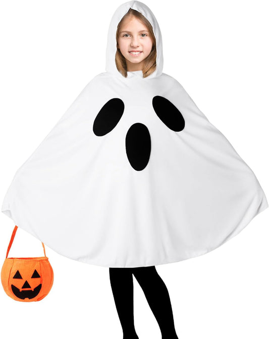Ghost Costume for Kids,White Ghost Poncho Hooded Cape with Pumpkin Bag,Spooky Halloween Costume for Girls
