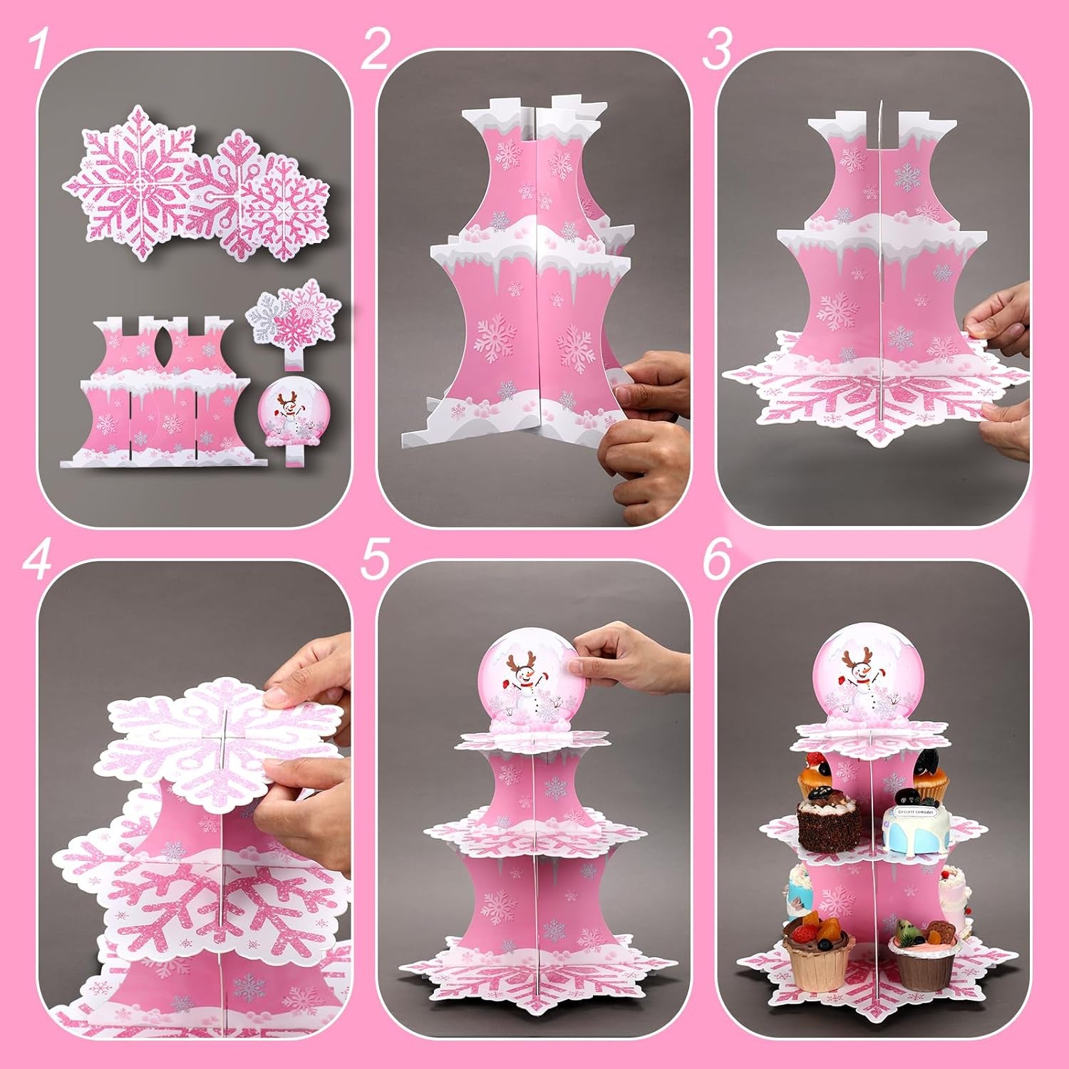 3 Tier Snowflake Cupcake Stand Winter Cake Stand Winter Dessert Tower Cupcake Tray Holder Snowflake Cake Stand for Birthday Party Christmas Holiday Decoration Supplies(Pink)