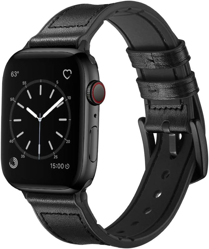 Compatible with Apple Watch Band 41Mm 40Mm 38Mm, Sweatproof Genuine Leather and Rubber Hybrid Band Strap Compatible with Iwatch Series 9 8 7 6 5 4 3 2 1 SE2 SE, Black Band with Black Adapter