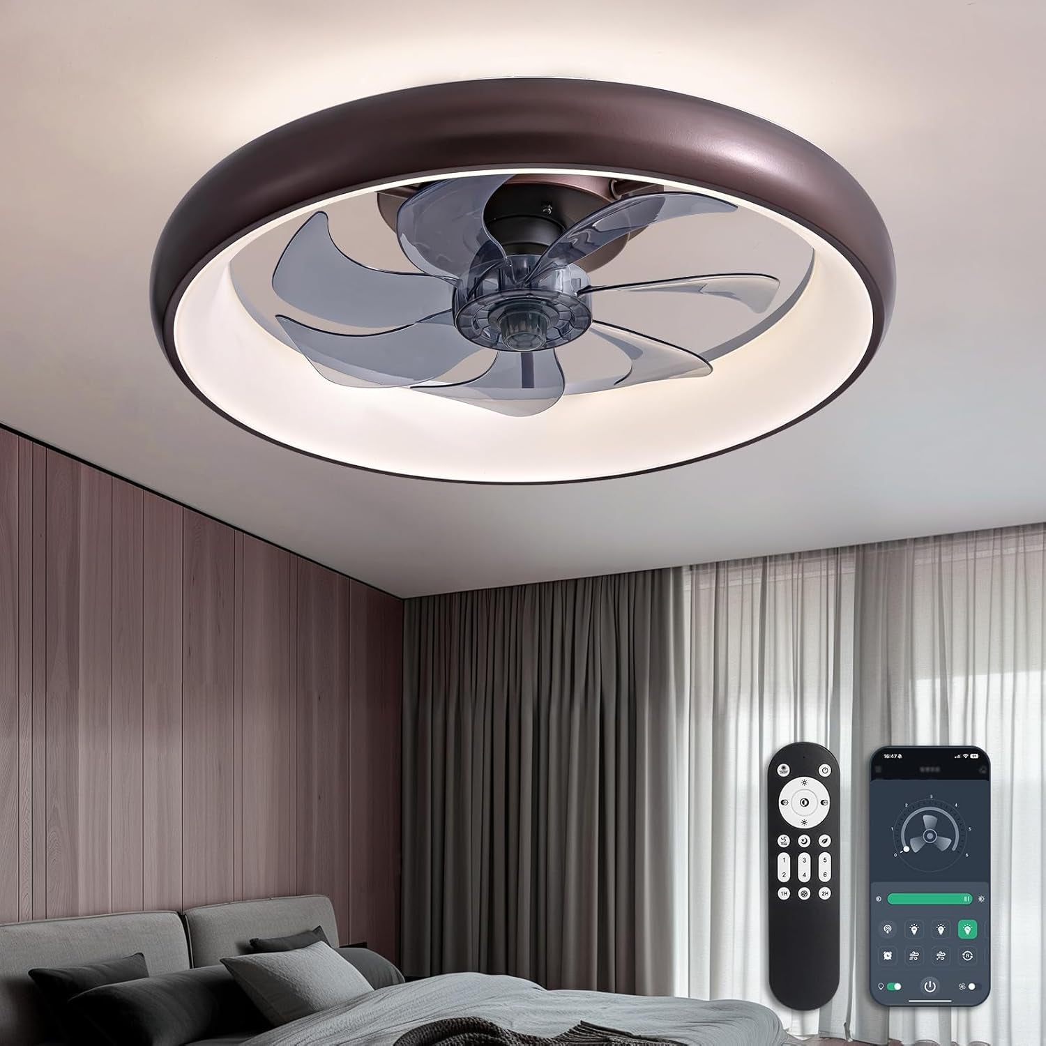 Ceiling Fans with Lights and Remote, 20'' Low Profile Flush Mount Ceiling Fan with Lights, 6 Wind Speeds, Modern Dimmable LED Ceiling Fan, Smart Ceiling Fan for Bedroom, Kids Room