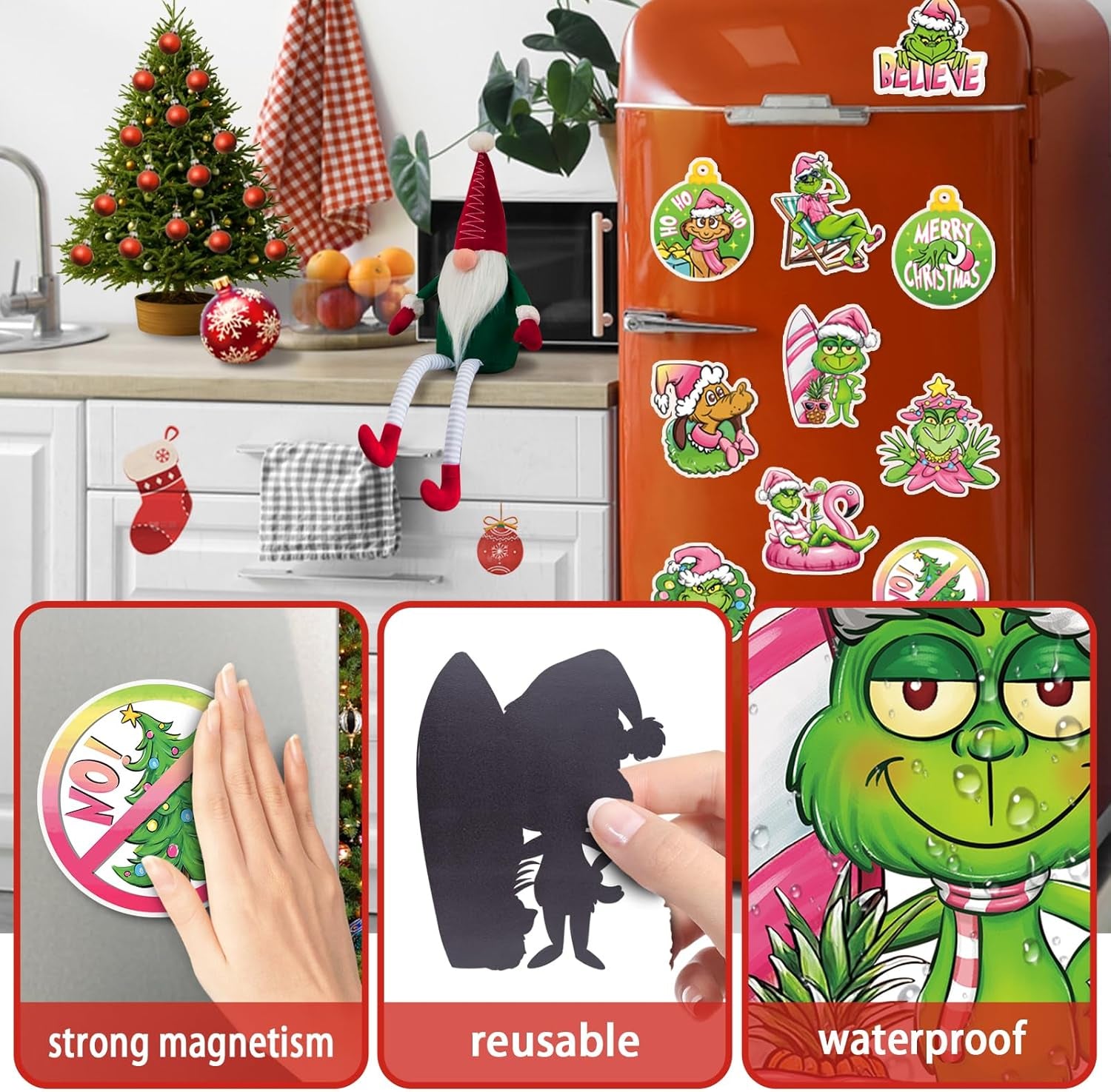 12 PCS Christmas Cartoon Refrigerator Magnets Decoration, Pink Xmas Tree Max Dog Fridge Car Garage Door Magnetic Stickers, Winter Funny Holiday Waterproof Dishwasher Decals Home Kitchen Decor