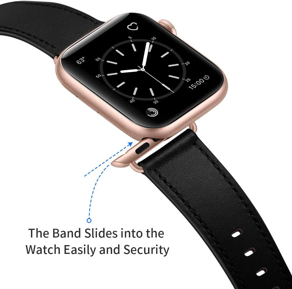 Compatible with Apple Watch Band 41Mm 40Mm 38Mm, Genuine Leather Band Replacement Strap Compatible with Apple Watch Series 9/8/7/6/5/4/3/2/1/SE2/SE, Black Band with Rose Gold Adapter