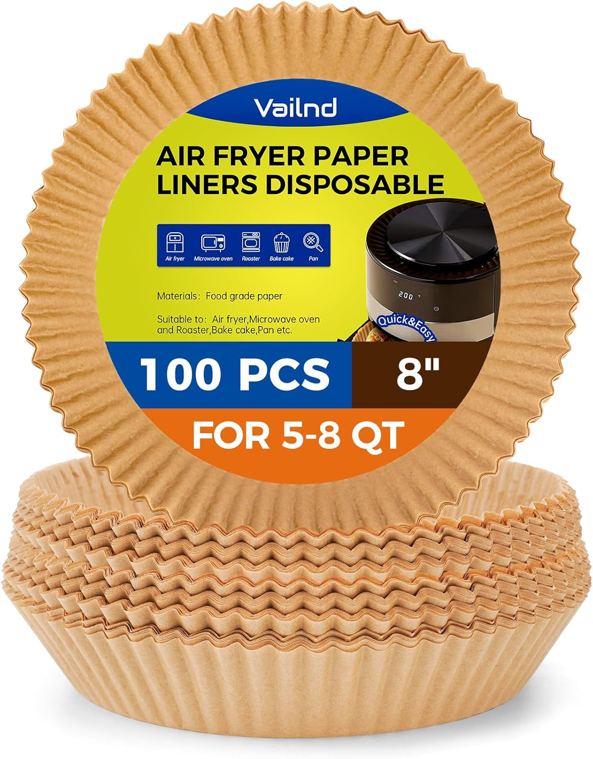 Air Fryer Paper Liners, 125Pcs Parchment Paper, Air Fryer Liner Disposable for Microwave, Non-Stick Air Fryer Liners Square Free of Bleach (8IN)