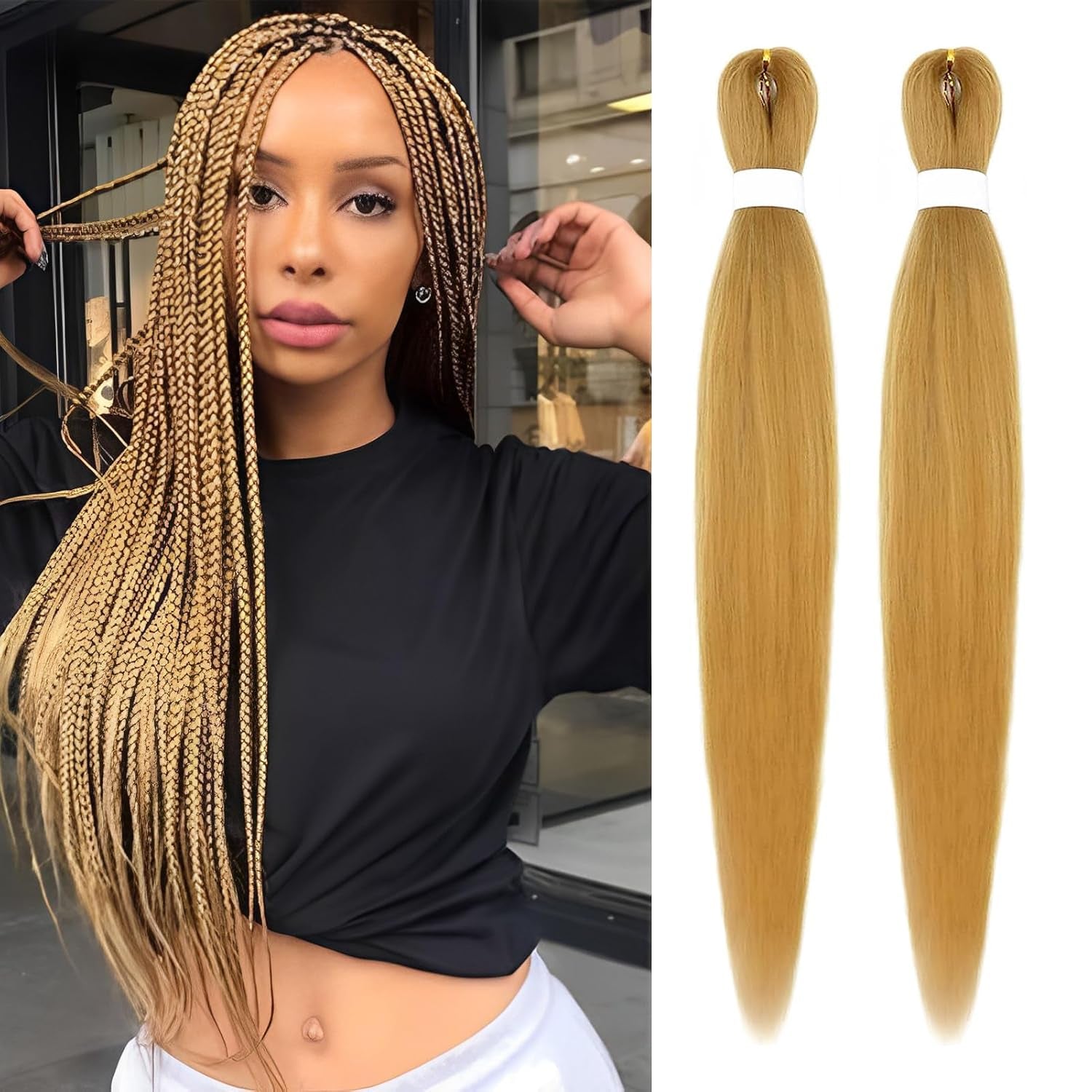 Honey Blonde Braiding Hair Pre Stretched 26 Inch 2 Pack Pre Stretched Braiding Hair Long Straight Kanekalon Braiding Hair Soft Yaki Synthetic Braids Hair Extensions（27 Braiding Hair）
