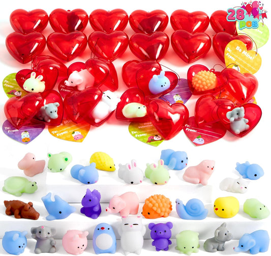 28 Mochi Squishy Toys Filled Hearts and Valentine Cards for Kids Valentine Classroom Exchange Party Favors, Kawaii Stress Relief Toys for Valentine Gift Exchange, Game Prizes and Carnivals Gift