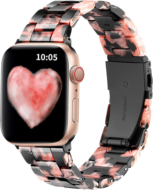Resin Bands Compatible with Apple Watch Band 40Mm 38Mm 41Mm Series 9/8/7/6/5/4/3/2/1/SE Women Men, Durable Stainless Steel Buckle Stylish Flower Iwatch Replacement Wristband Bracelet Black Rose