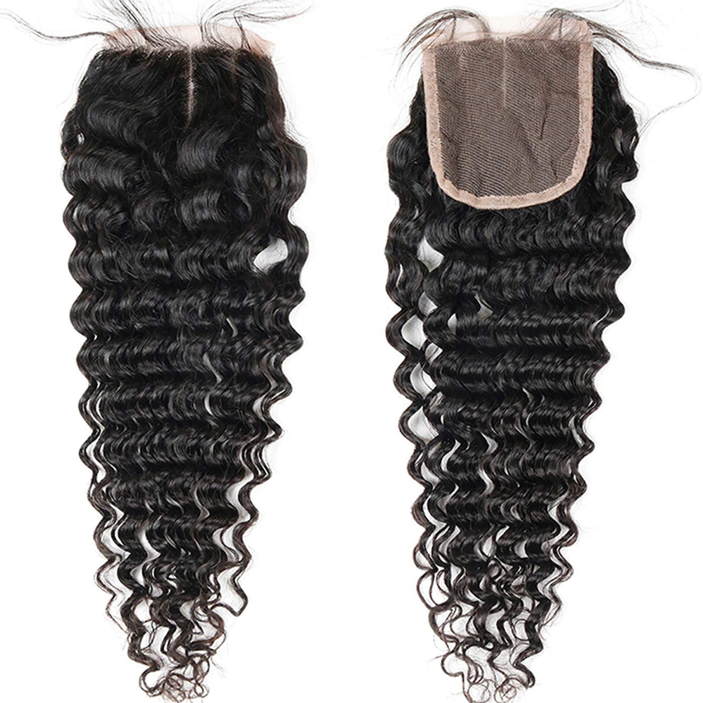 Brazilian Deep Wave Bundles with Closure Virgin Human Hair Bundles with Closure 4×4 Lace Mixed Length Hair Bundles Natural Color for Black Women 100% Unprocessed  (16 18 20+14)