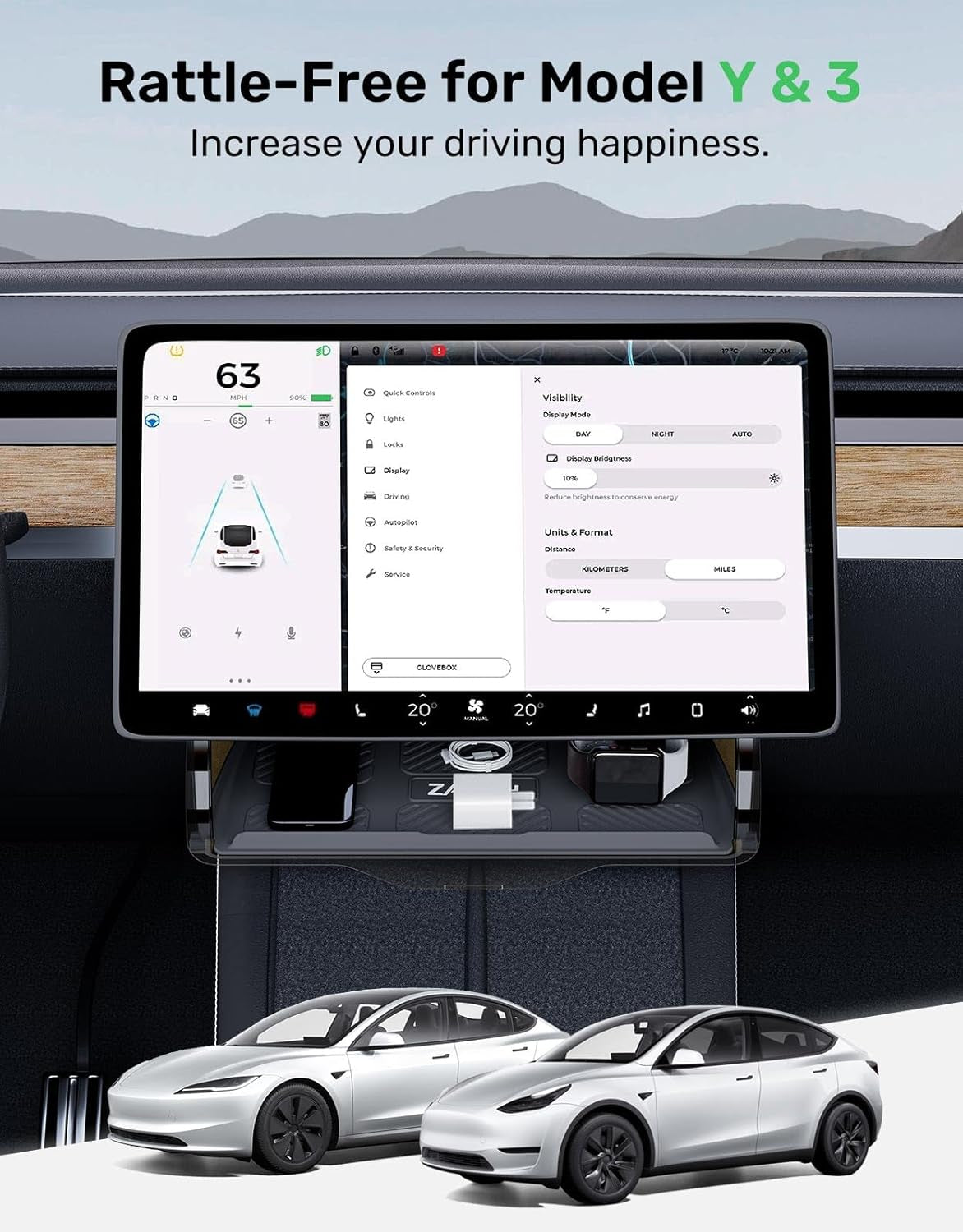 Tesla Model Y Accessories 2024 under Screen Storage, [Hidden & Anti-Drop & Easy Install] Center Console Organizer for Model 3 Accessories, with Anti-Slip Silicone Pad for Model Y & 3 (2017-2024)