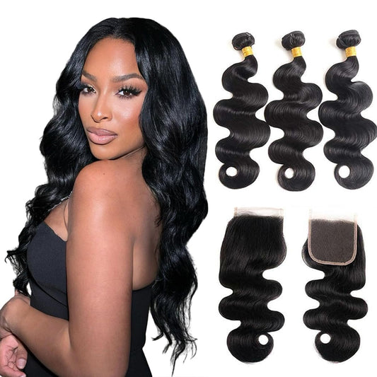 Body Wave Bundles with Closure Human Hair 16 18 20+14 Inch Human Hair Bundles with Closure 100% Brazilian Virgin Body Wave 3 Bundles Human Hair with 4X4 Lace Closure Natural Black