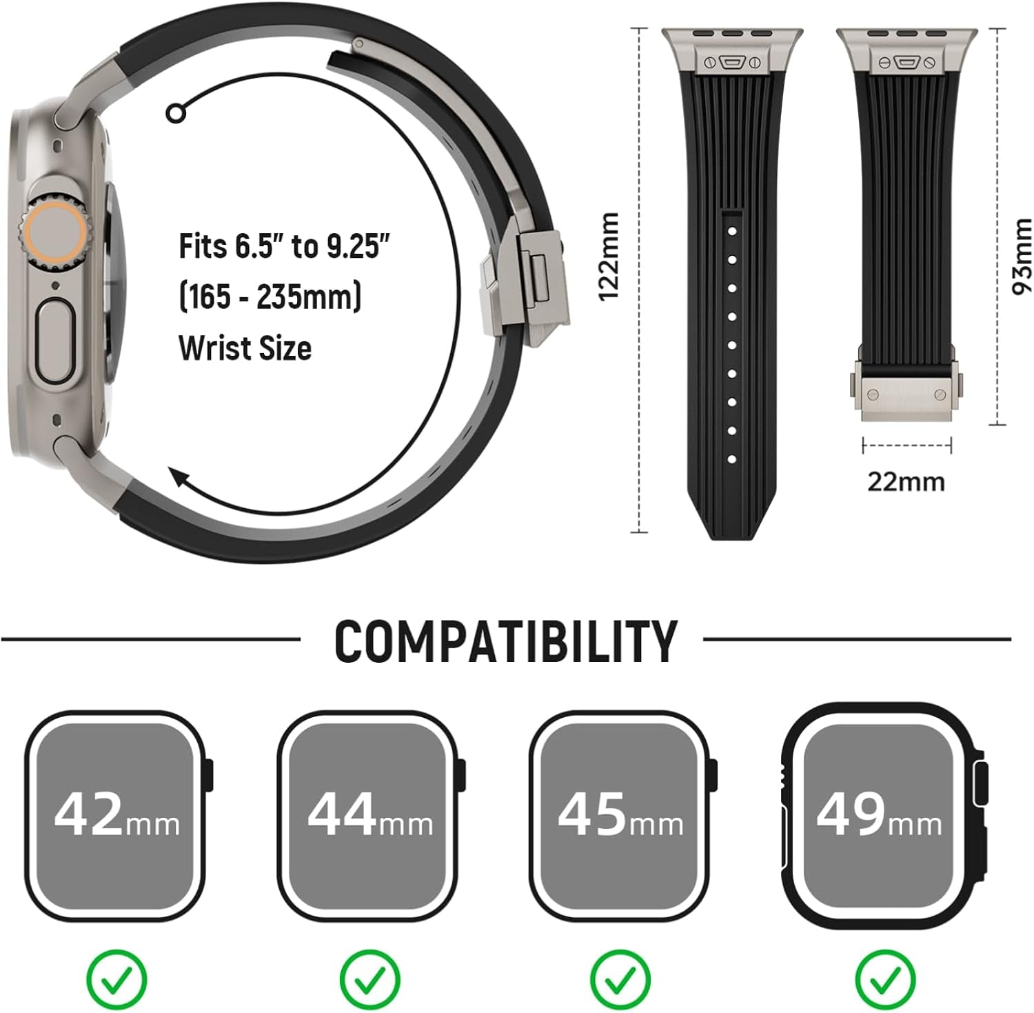 Watch Band for Apple Watch Ultra 2 Band 49Mm 45Mm 44Mm 42Mm, Men Luxury Rugged Silicone Rubber Strap with Metal Connector & Folding Clasp for Iwatch Ultra Series 9 8 7 6 5 4 3 2 1 SE