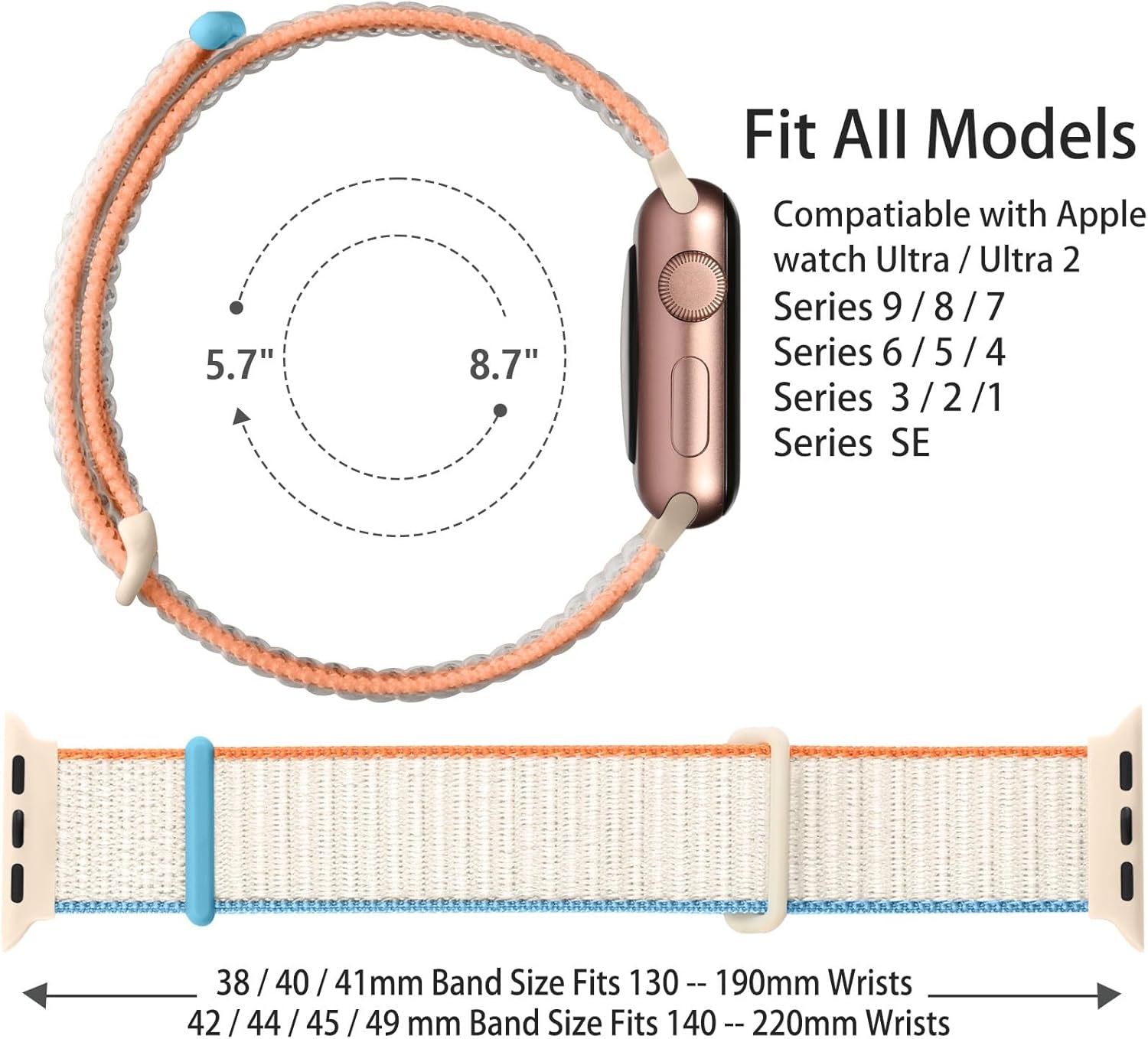 Soft and Breathable Sport Nylon Loop Strap Compatible with Apple Watch Bands 38/40/41MM, 42/44/45/49MM, Women Men Adjustable Straps Compatible with Iwatch Series SE 9/8/7/6/5/4/3/2Ultra 8Pack