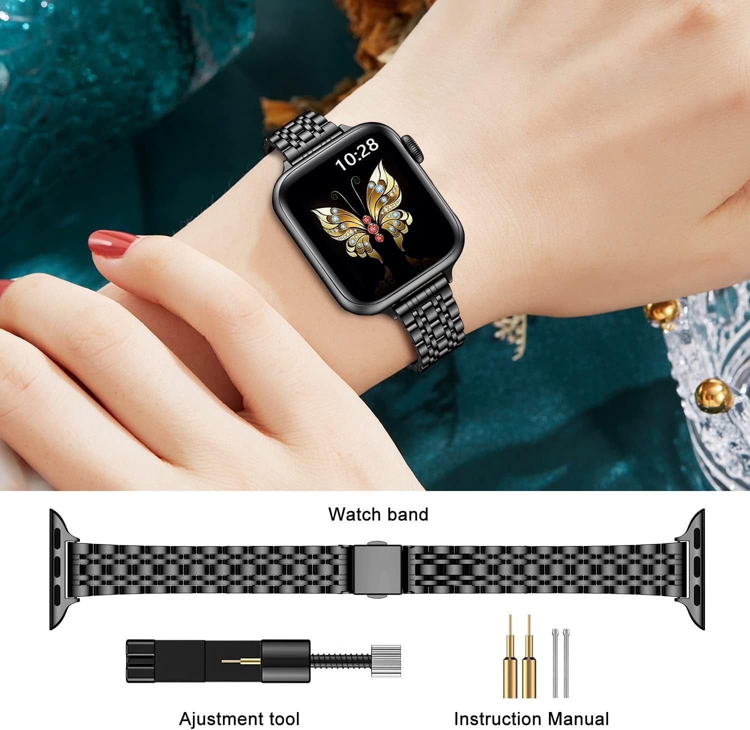 Slim Metal Band Compatible with Apple Watch Band 41Mm 40Mm 38,Mm,Dressy Stainless Steel Chain Strap for Women Iwatch Bands Series 9 8 7 6 5 4 3 2 1 Se,Black