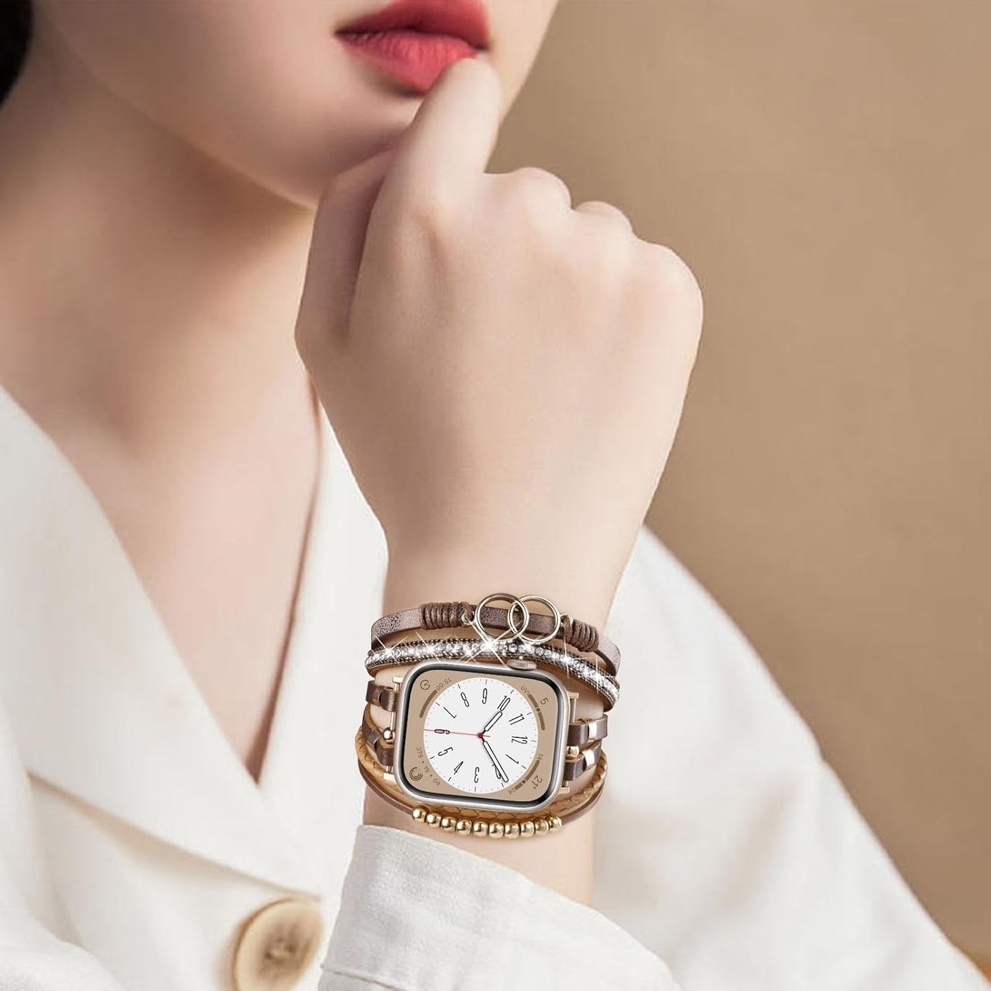 Boho Leather Bracelet Compatible with Apple Watch Band 38Mm 40Mm 41Mm Women, Handmade Multilayer Wrap Beaded Jewelry Apple Watch Strap for Iwatch Series 9 8 7 6 5 4 3 2 1 Brown