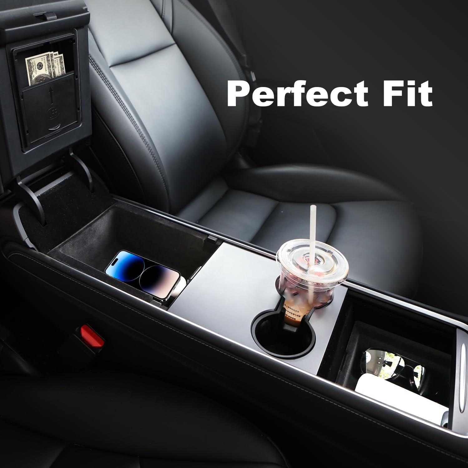 5 PCS 2024 Upgraded Center Console Organizer Tray Set for Tesla Model 3 Model Y Accessories Armrest Hidden Organizer Box Cup Holder Webcam Cover Black