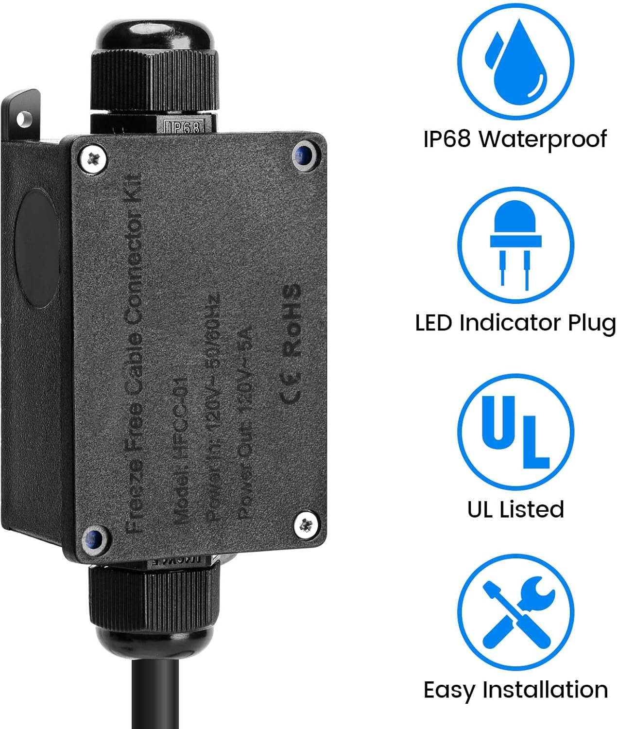 Self Regulating Water Pipe Heating Cable Kit with LED Indicator Plug, Suitable for All Types of Self-Regulating Heating Cables up to 600W