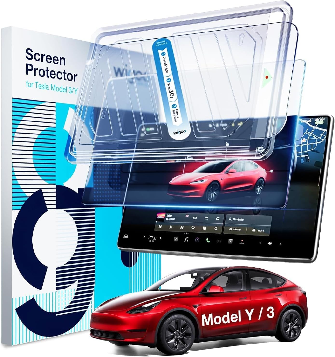 2024 Upgrade Tesla Model Y /3 Accessories Screen Protector Matte [No More Glare & Fingerprint] 9H Tempered Glass Protector for Model Y(2020~2025) Model 3(2017~2023) - Mounting Frame Kit