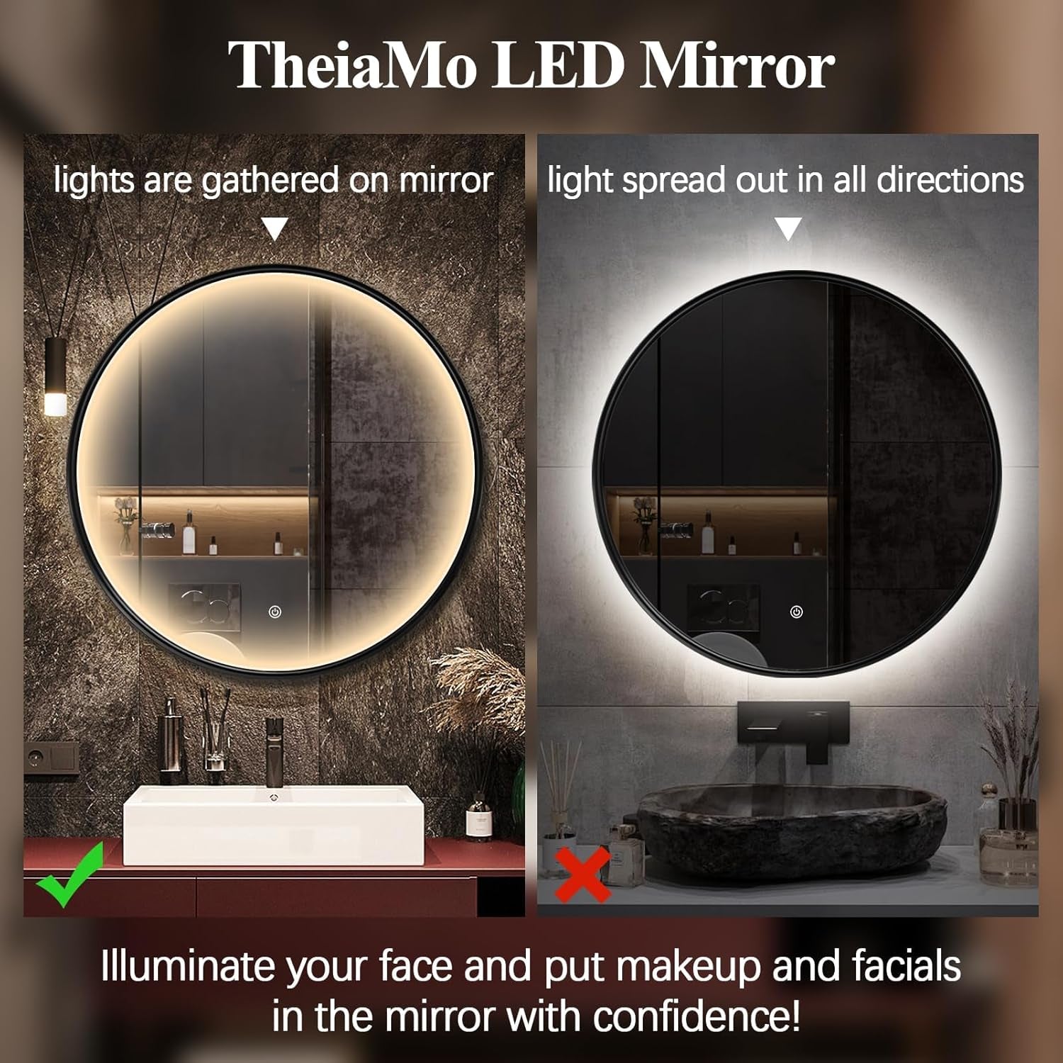 24 Inch round LED Bathroom Mirror, Circle Frame Recessed Light Strip Design Modern Vanity Mirror, Anti-Fog Smart Mirror with Stepless Color Temperature Adjustable 3000-6000K, Black