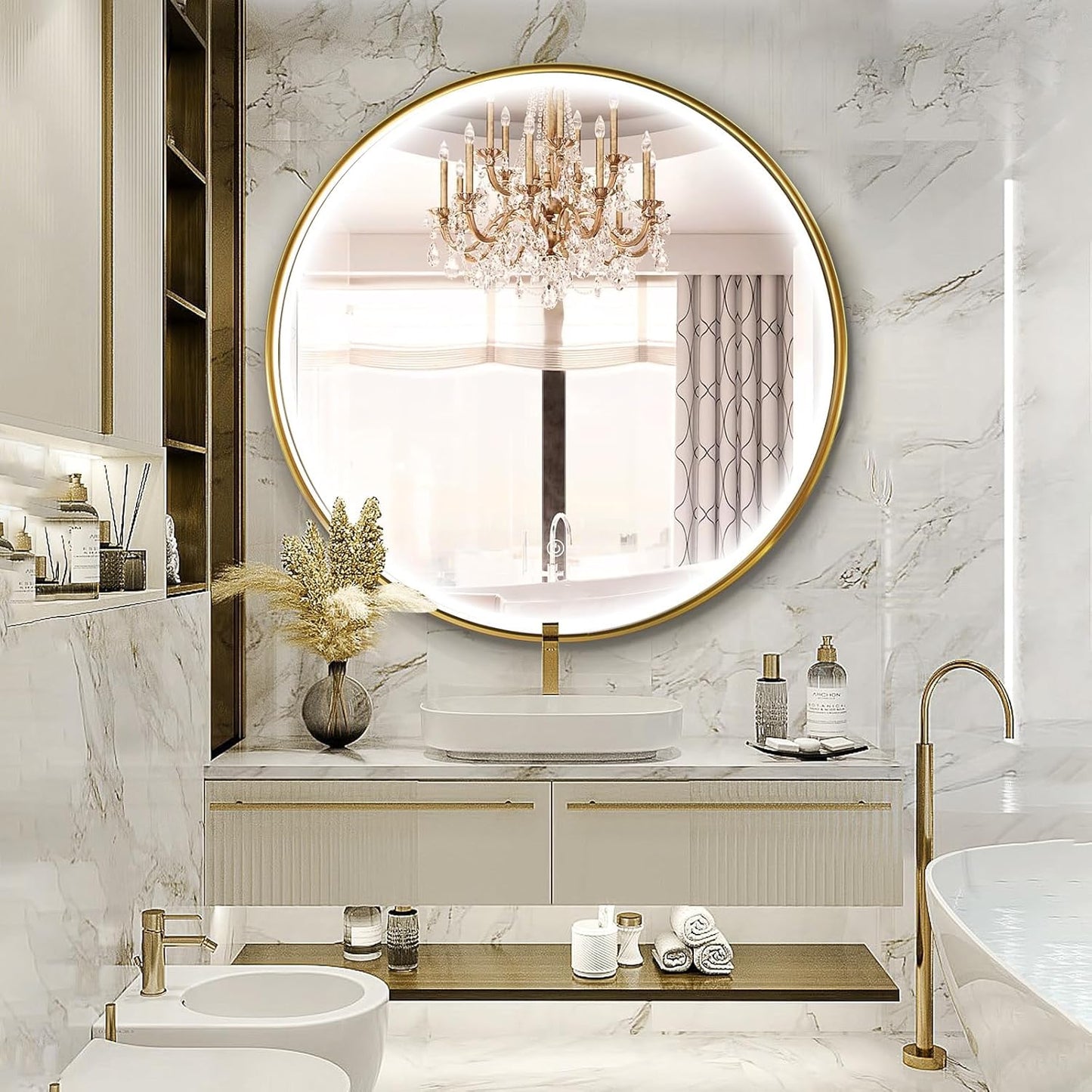 24 Inch round LED Bathroom Mirror, Circle Frame Recessed Light Strip Design Modern Vanity Mirror, Anti-Fog Smart Mirror with Stepless Color Temperature Adjustable 3000-6000K, Black