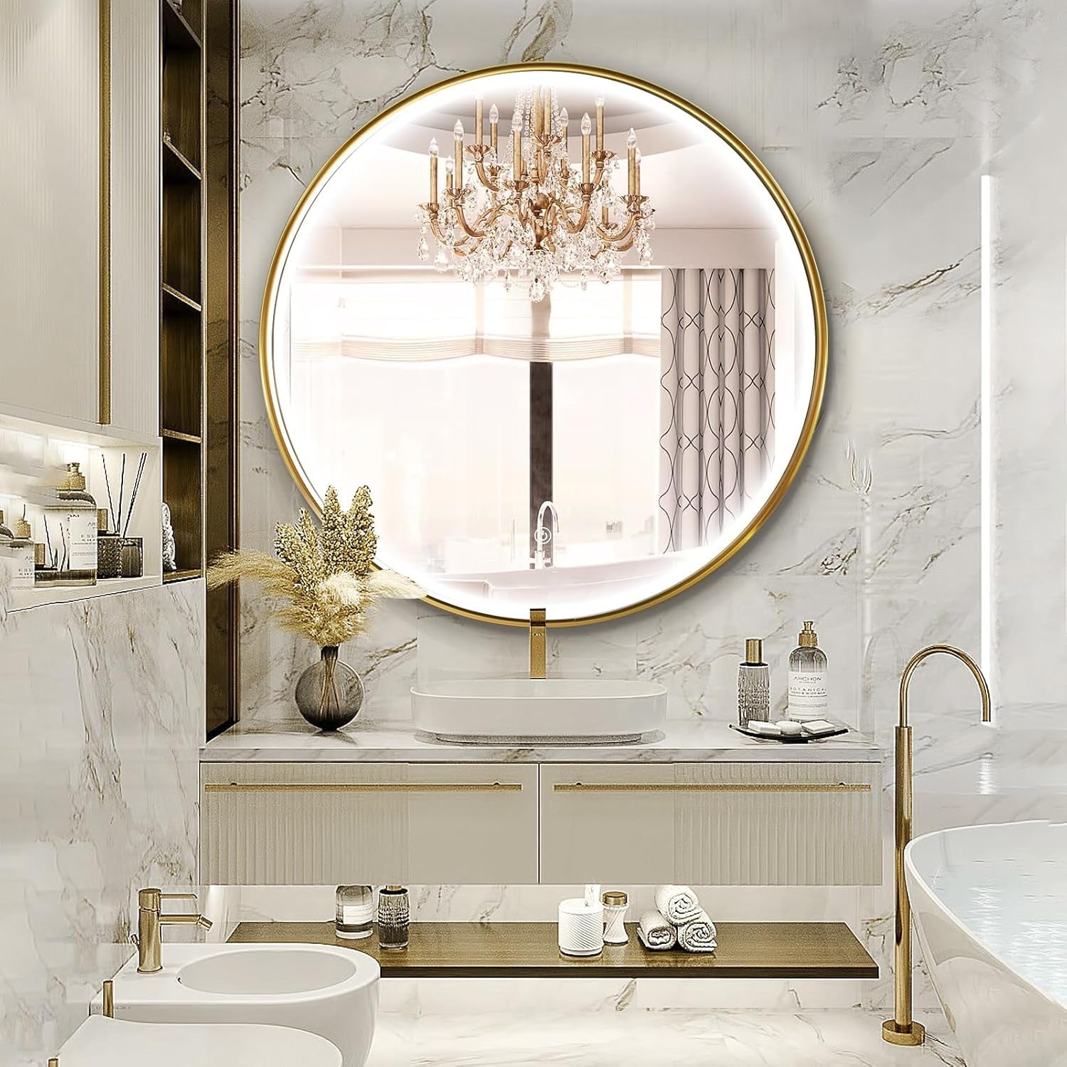24 Inch round LED Bathroom Mirror, Circle Frame Recessed Light Strip Design Modern Vanity Mirror, Anti-Fog Smart Mirror with Stepless Color Temperature Adjustable 3000-6000K, Black