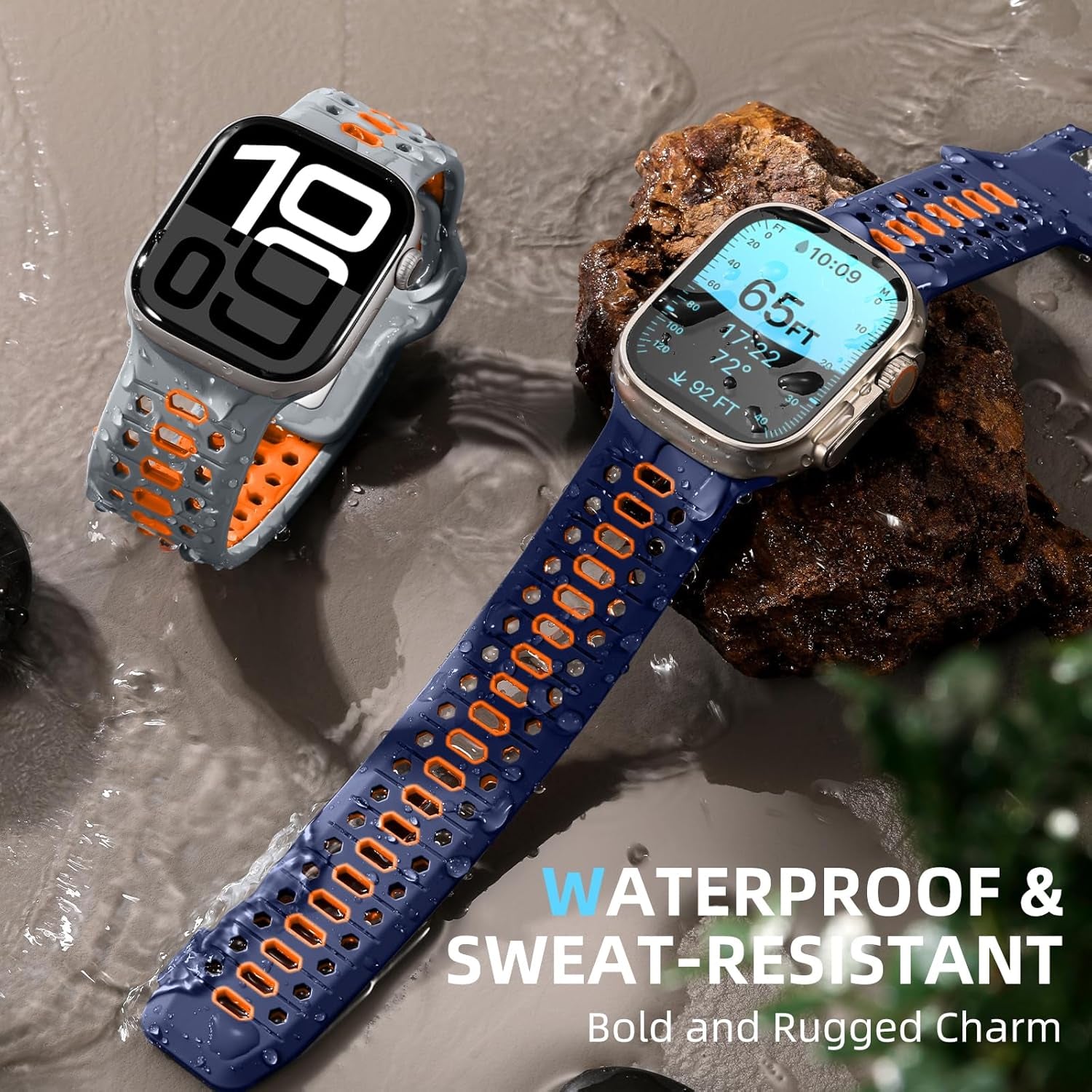 Navy Blue & Orange 26MM Width Breathable Silicone Sport Band Compatible with 49Mm Apple Watch Ultra 2/1, 46Mm Series 10, 45Mm Series 9 8 7, 44Mm Series 6 5 4 SE 2/1, 42Mm Series 3 2 1