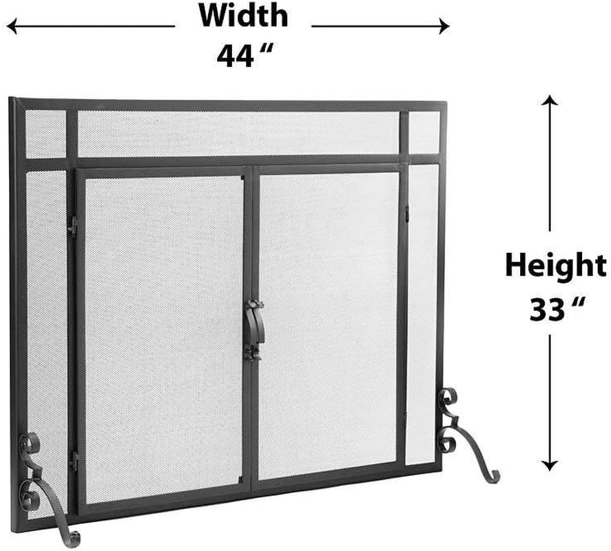 Metal Fireplace Screen Flatguard Black | 44" W X 33" H | 2 - Door | Spark Guard Indoor Grate | Iron Fire Place Cover | Wood Burning Stove Decorative Accessories
