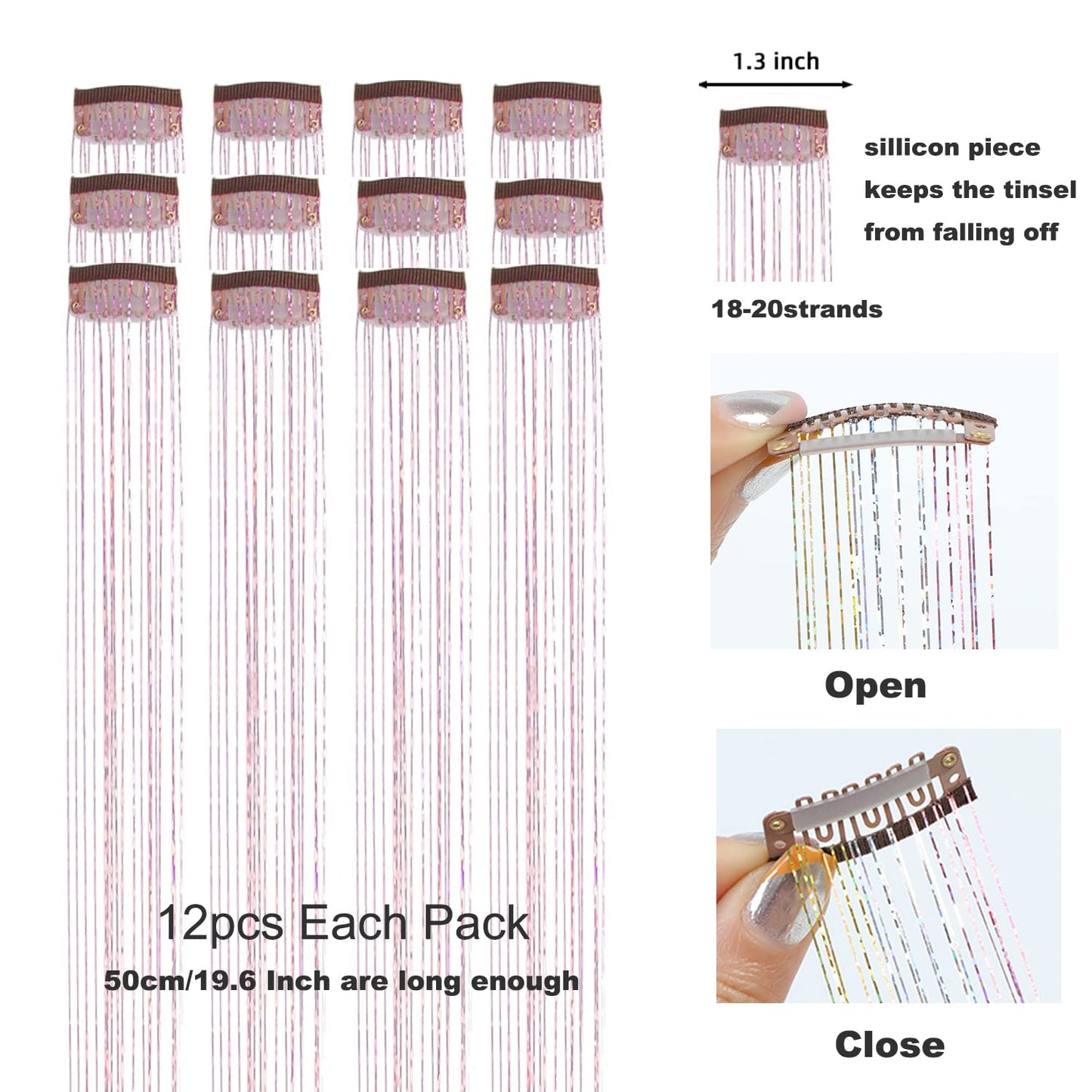 12Pcs Hair Tinsel Clip in 19.6Inch Glitter Tinsel Hair Extensions Clip in Hair Tinsel Kit Heat Resistant Shiny Sparkle Fairy Hair Accessories for Women Girls Kids (Pink)