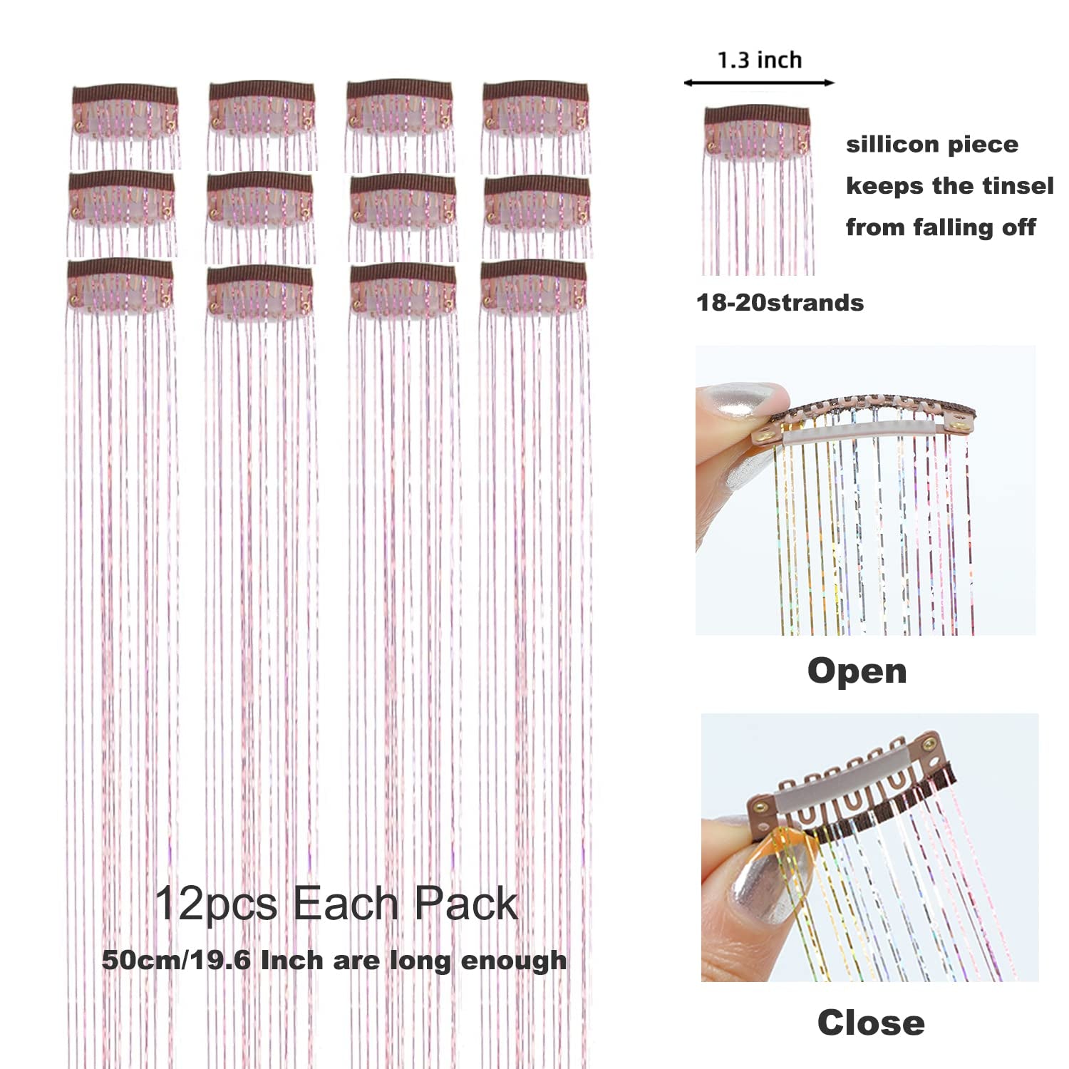 12Pcs Hair Tinsel Clip in 19.6Inch Glitter Tinsel Hair Extensions Clip in Hair Tinsel Kit Heat Resistant Shiny Sparkle Fairy Hair Accessories for Women Girls Kids (Pink)