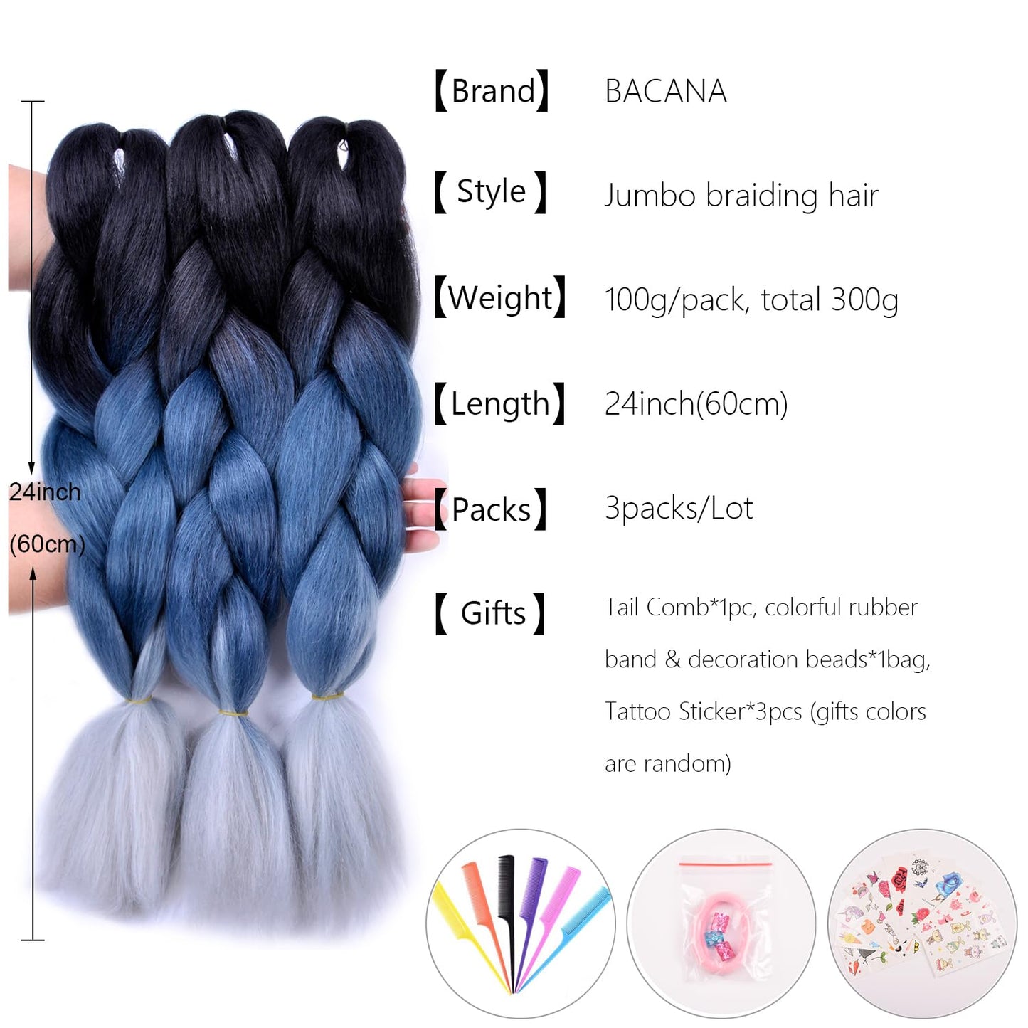 Jumbo Braiding Hair Ombre 3Pcs (Black/Grey Blue/Silver Grey) Jumbo Braid Hair Extension Ombre Colors for Crochet Braids Hair