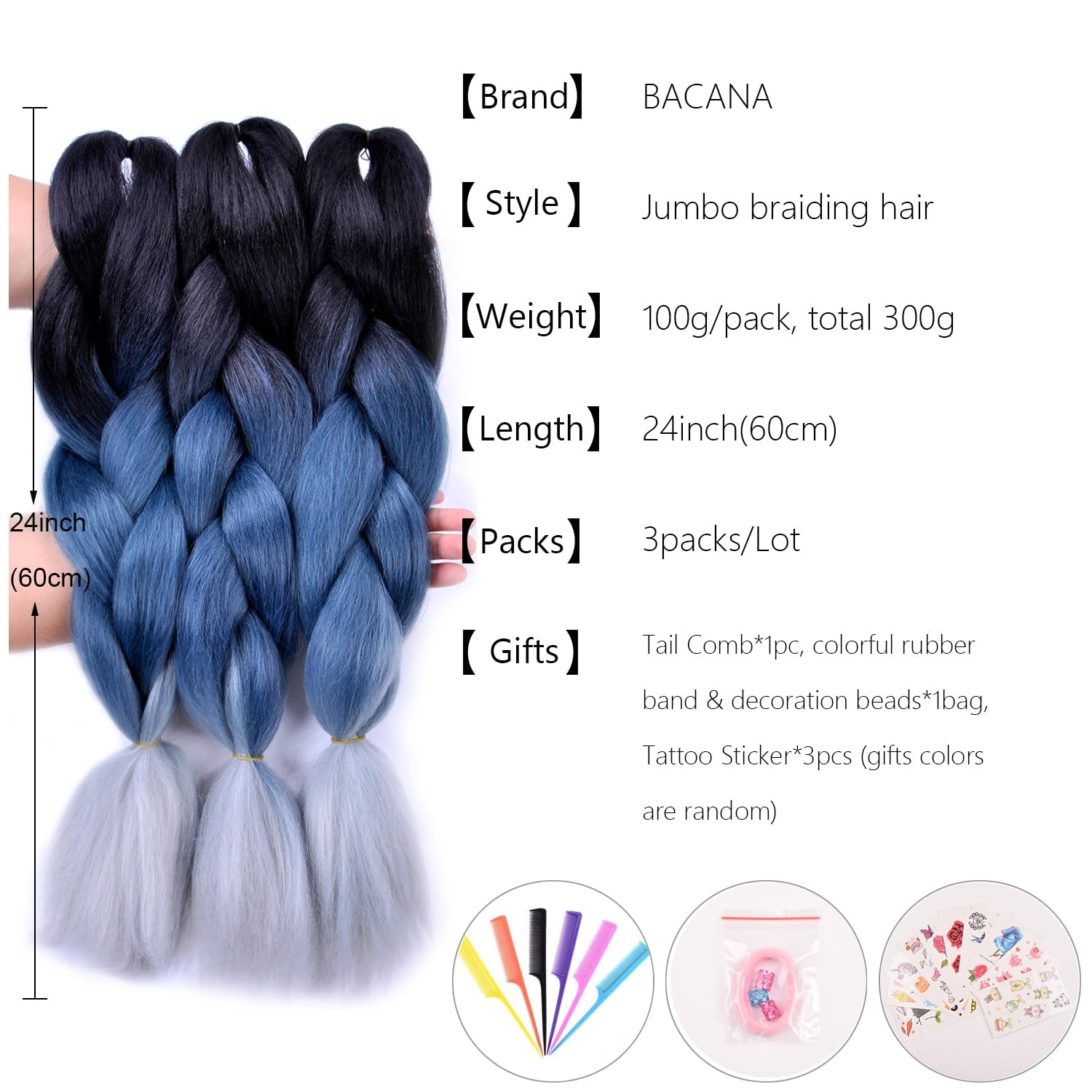 Jumbo Braiding Hair Ombre 3Pcs (Black/Grey Blue/Silver Grey) Jumbo Braid Hair Extension Ombre Colors for Crochet Braids Hair