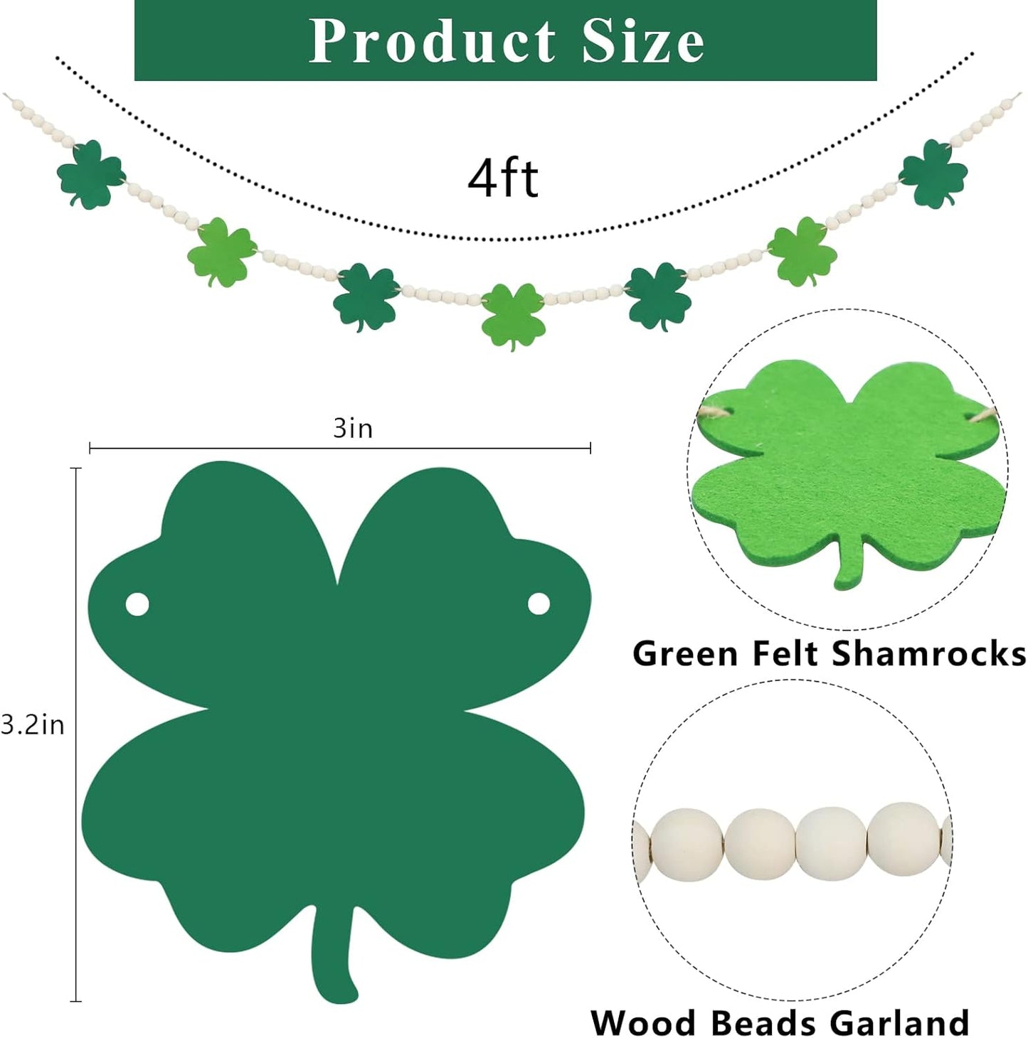 St. Patrick'S Day Decorations, Wood Bead Shamrock Garland for St. Patrick'S Day Decor, Lucky Felt Shamrock Garland for Mantel Wall Decor
