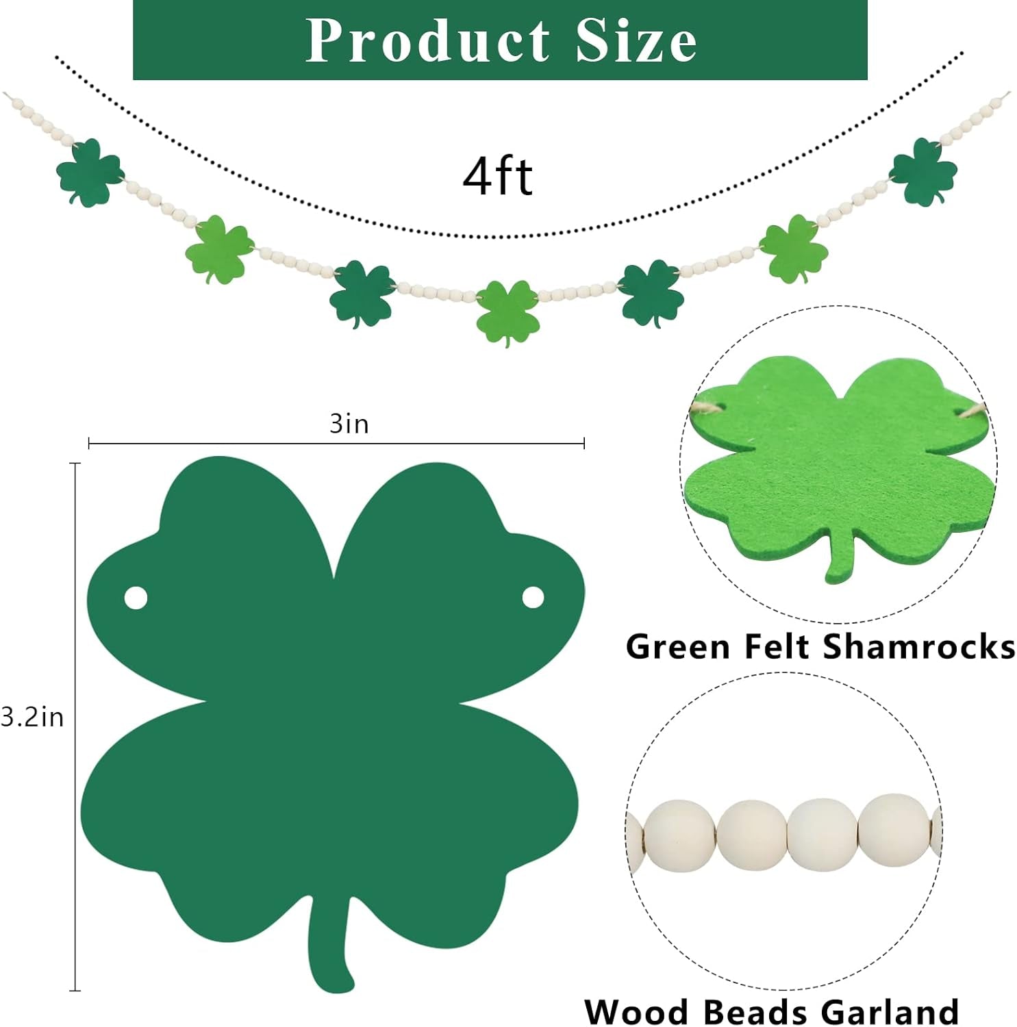 St. Patrick'S Day Decorations, Wood Bead Shamrock Garland for St. Patrick'S Day Decor, Lucky Felt Shamrock Garland for Mantel Wall Decor