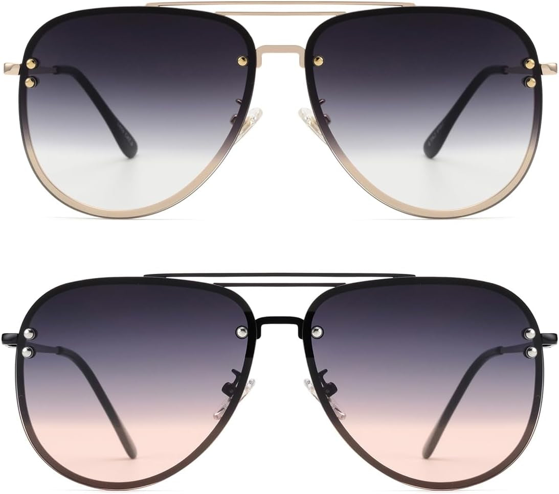Premium Rimless Oversized Aviator Sunglasses for Women, Polarized PC Lens UV Protection Women’S Shade VF2203