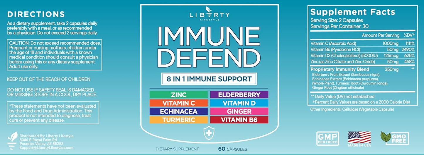 8 in 1 Immune Defense Support, Immunity Capsules Supplement with Echinacea Zinc 50Mg, Vitamin C, D3 5000 IU, Turmeric Curcumin & Ginger, Echinacea - for Kids Adults (1 Pack) TLBH