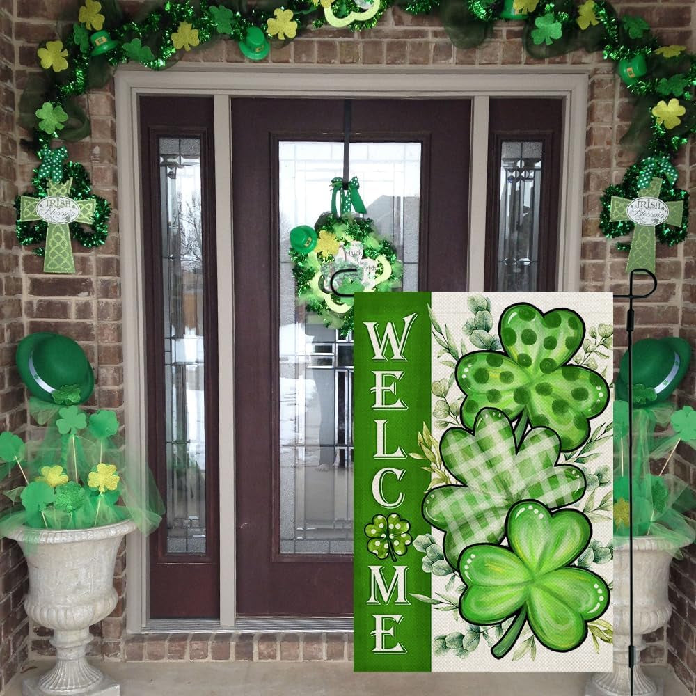 St Patricks Day Shamrocks Garden Flag 12X18 Inch Double Sided for outside Small Welcome Green Clovers Burlap Holiday Yard Flag