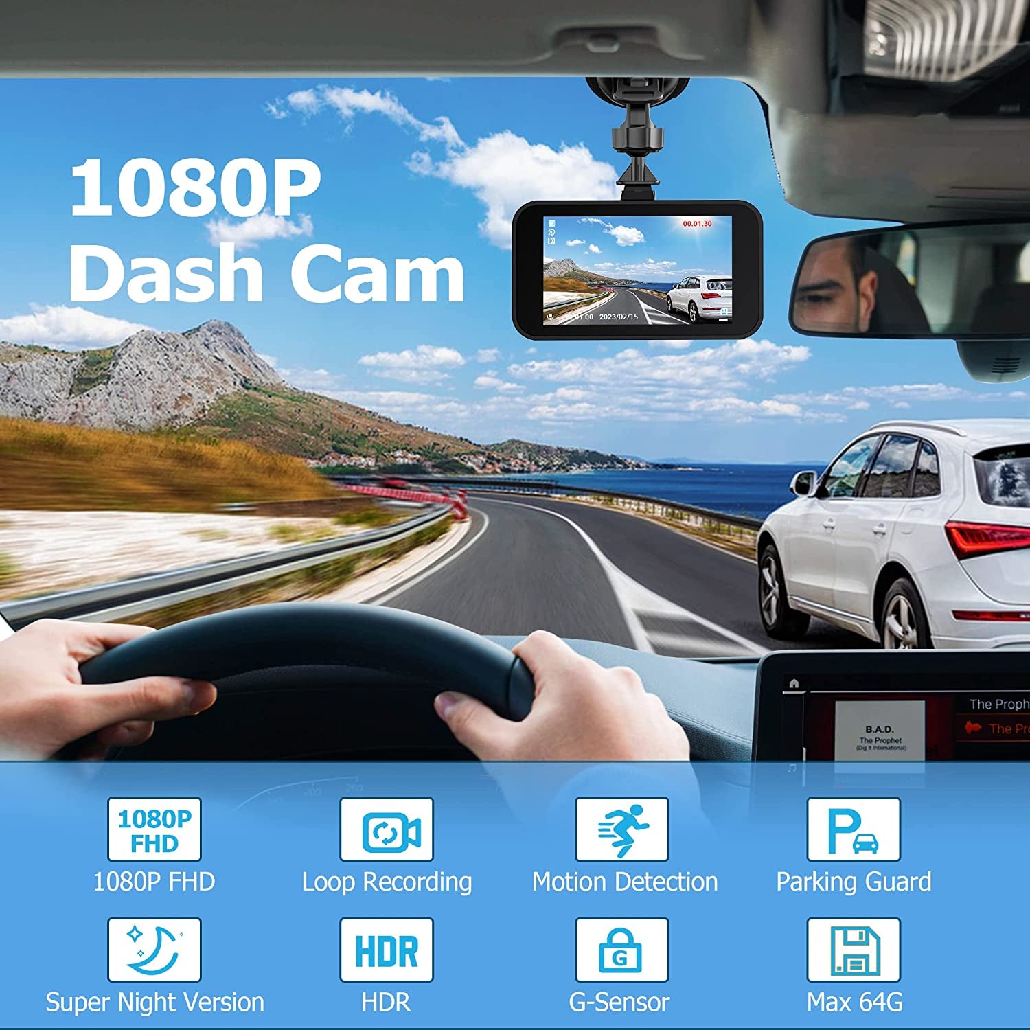 1080P Full HD Dash Camera for Cars,  Dash Cam Front with 32G SD Card, 3”LCD Screen, 170°Wide Angle, Dashboard Dashcam with Loop Recording, HDR, Night Vision, G-Sensor, Parking Monitor