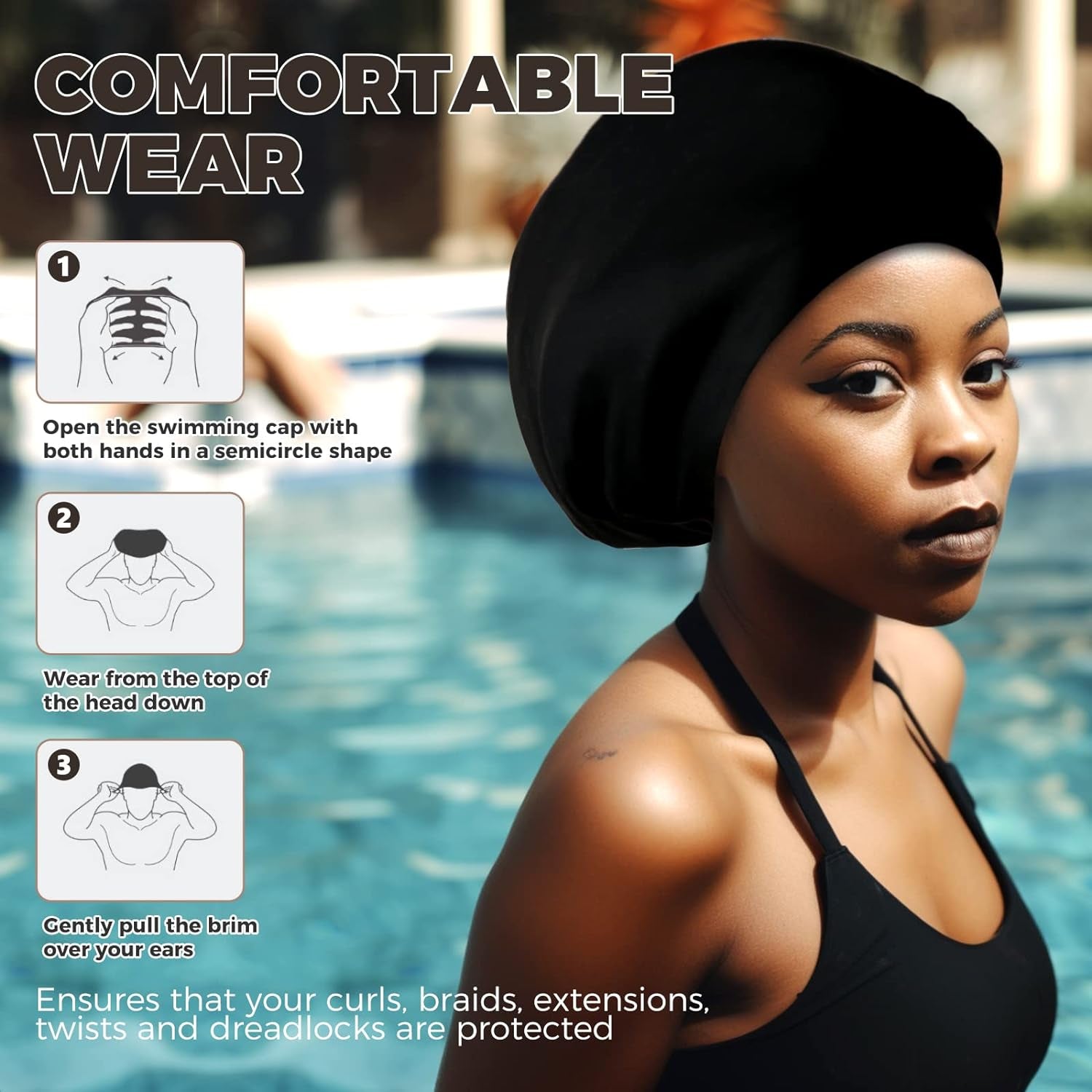 Extra Large Swim Cap - Swim Cap for Long Hair, Dreadlocks, Weaves, Hair Extensions, Braids, Curls & Afros - Silicone Swimming Cap for Women & Men, Keep Hair Dry
