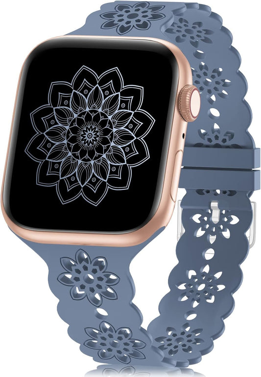 Floral Silicone Band Compatible with Apple Watch Bands 38Mm 40Mm 42Mm 44Mm 41Mm 45Mm 49Mm Women Men, Slim Hollow-Out Design Wristbands Soft Sport Breathable Watch Bands for Iwatch Ultra SE Series 9/8/7/6/5/4/3/2/1
