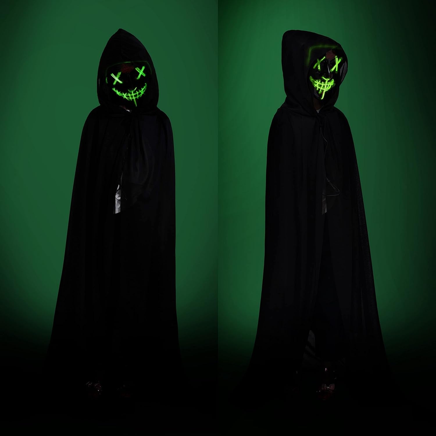 Kids Full Length Hooded Velvet Cloak Halloween Cape Costumes with LED Light up Scary Mask