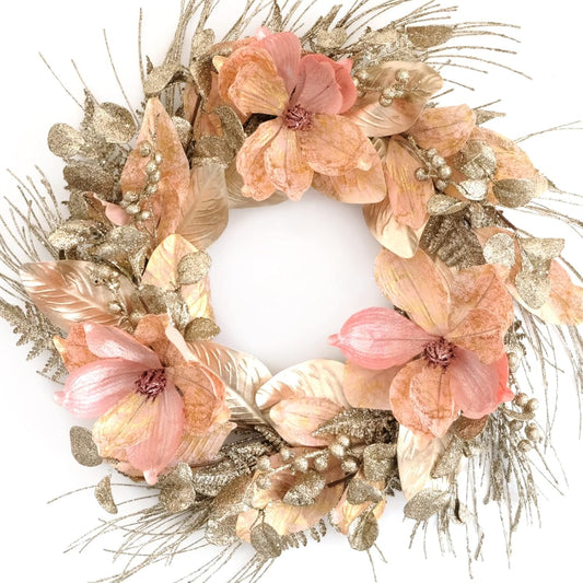 18 Inch Winter and Christmas Magnolia Flowers Gold Glitter Wreath for Home and Front Door Decor, Pink and Gold Magnolia Flower Wreath for Indoor