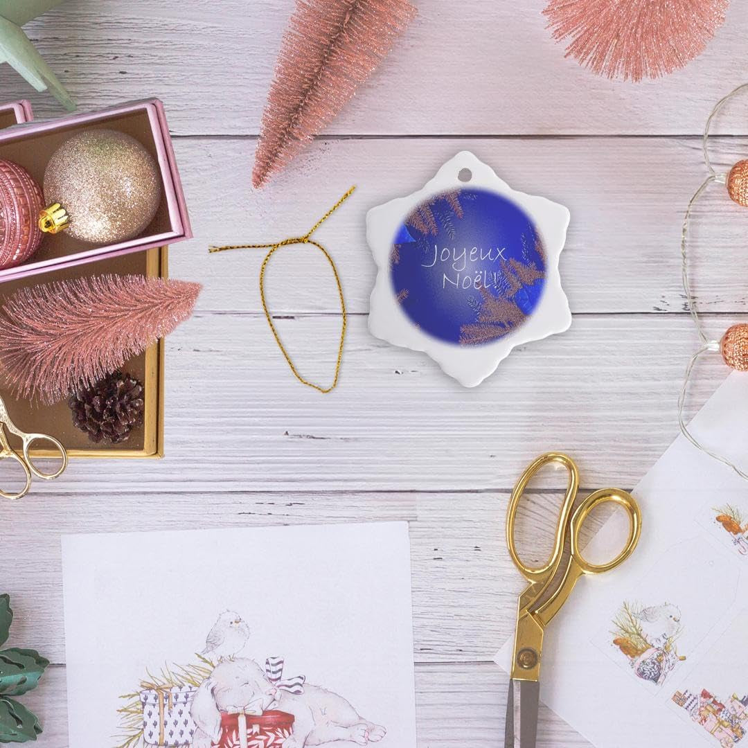 Orn_8673_1 Christmas Poinsettia Joyeux Noel in Blue Porcelain Snowflake Ornament, 3-Inch