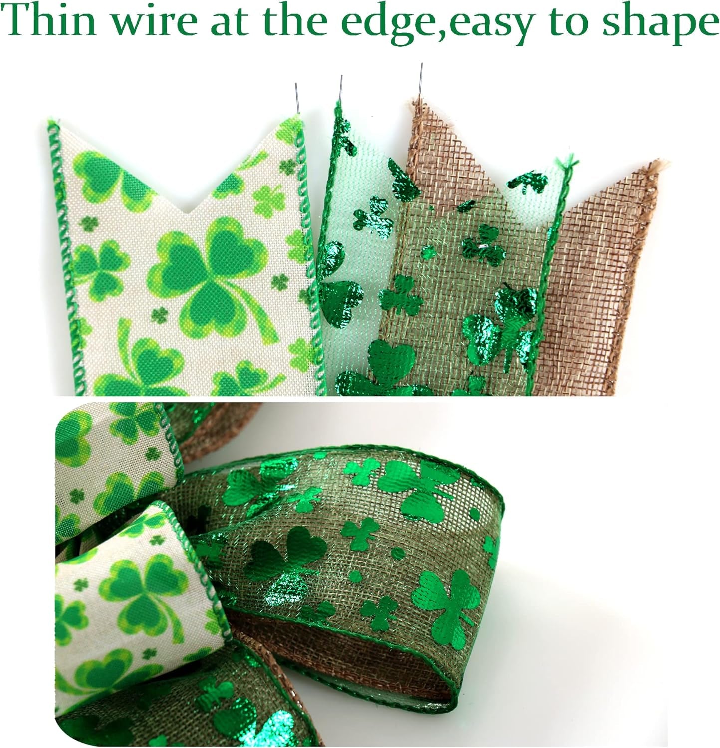 St Patricks Day Bow for Wreath Decorations,St Patricks Day Tree Topper Bows,Large Burlap White Green Glitter Shamrock Bowknot Irish Holiday Crafts Bows for Front Door Outdoor Outside